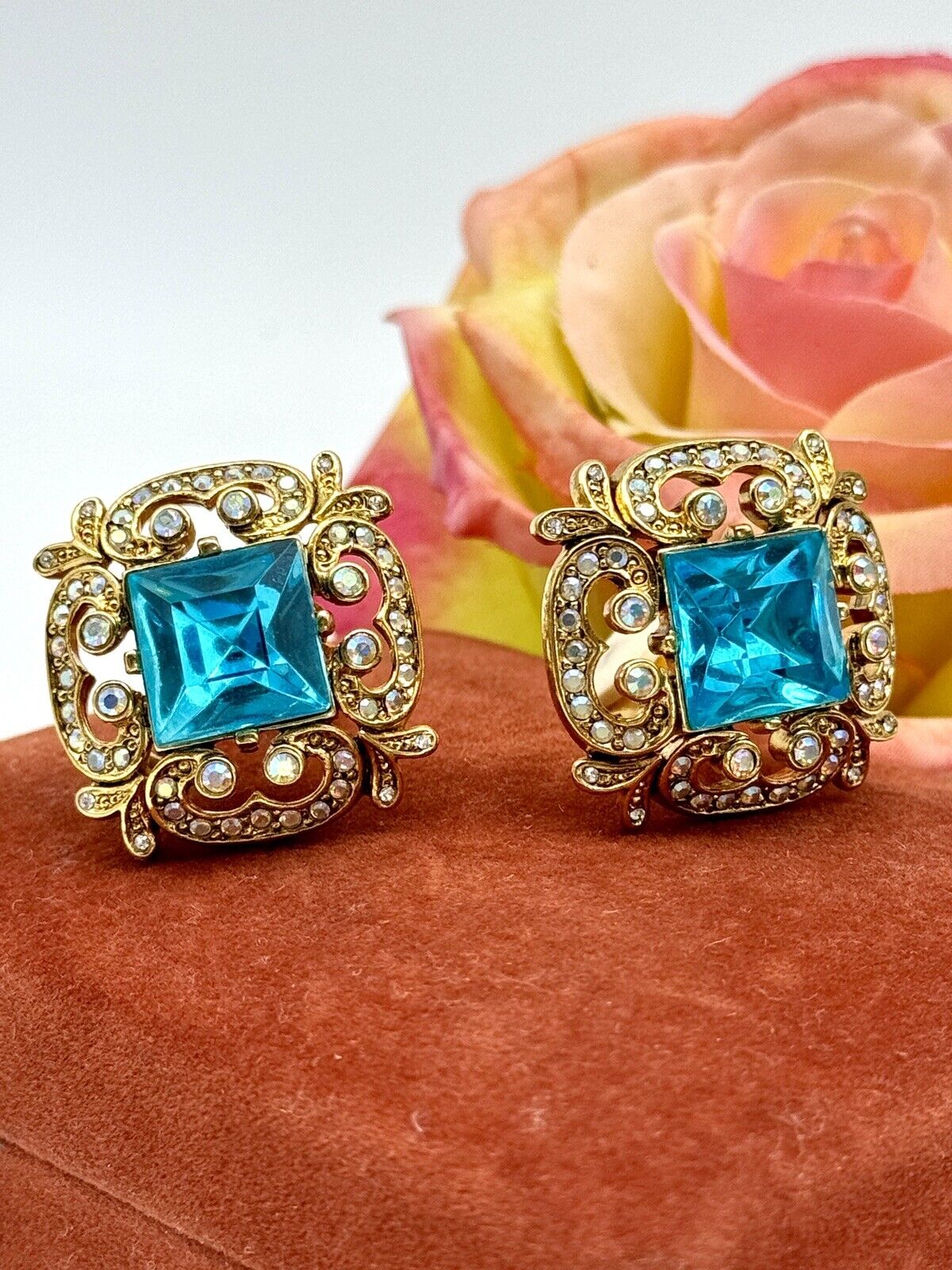 Signed Joan Rivers Blue Aqua & Aurora Crystal Clip Earrings - Vintage New Stock