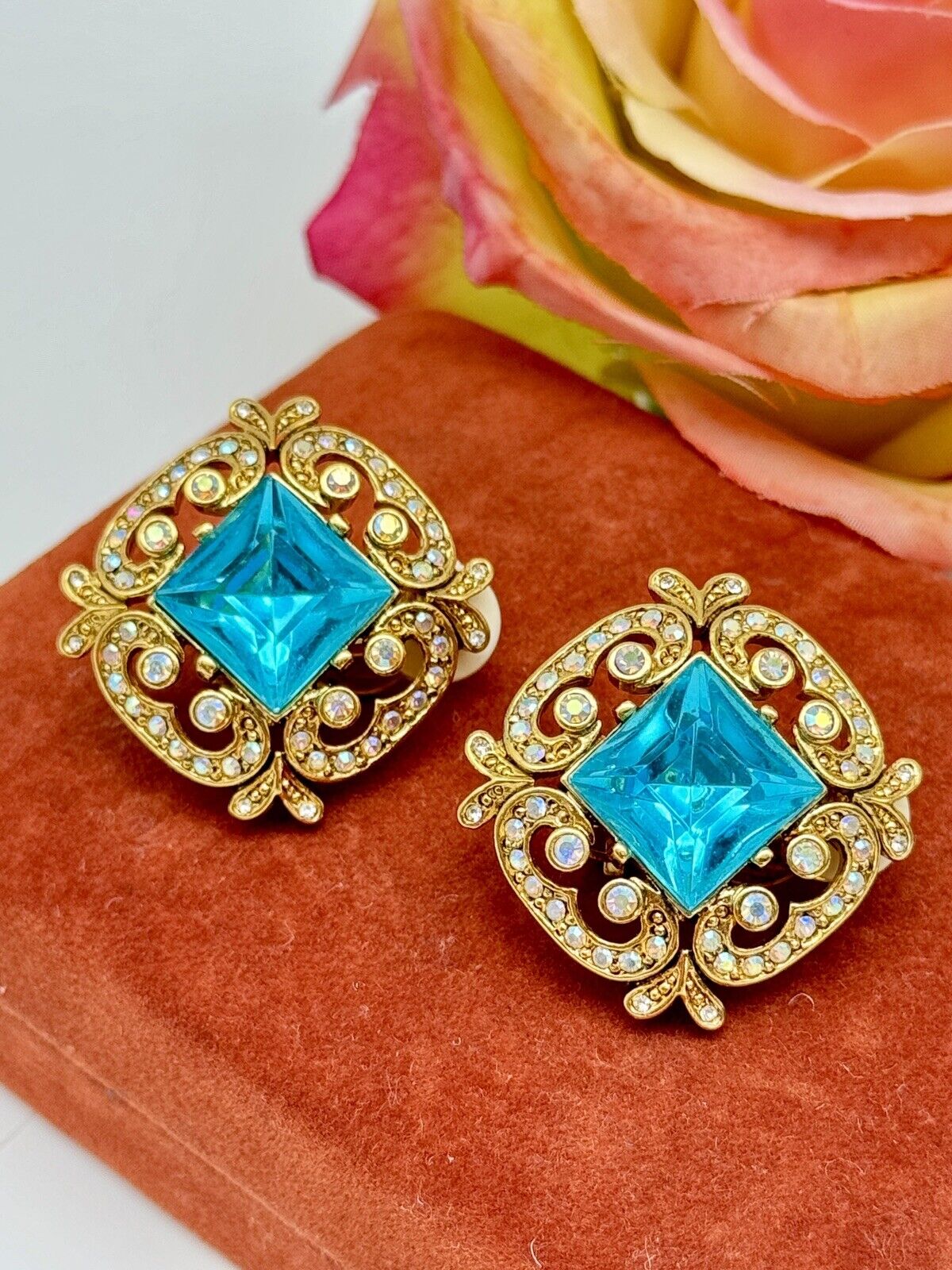 Signed Joan Rivers Blue Aqua & Aurora Crystal Clip Earrings - Vintage New Stock