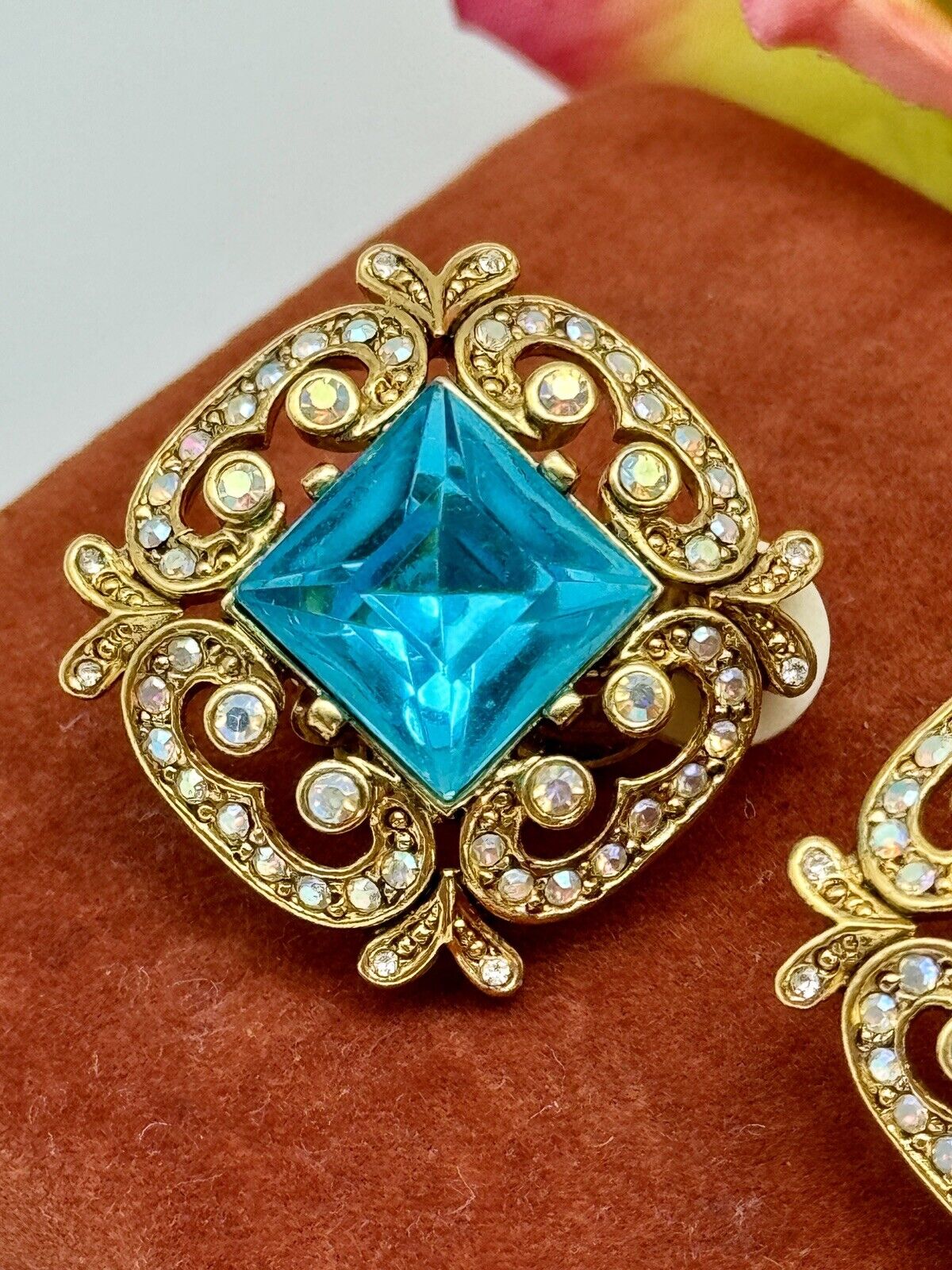 Signed Joan Rivers Blue Aqua & Aurora Crystal Clip Earrings - Vintage New Stock