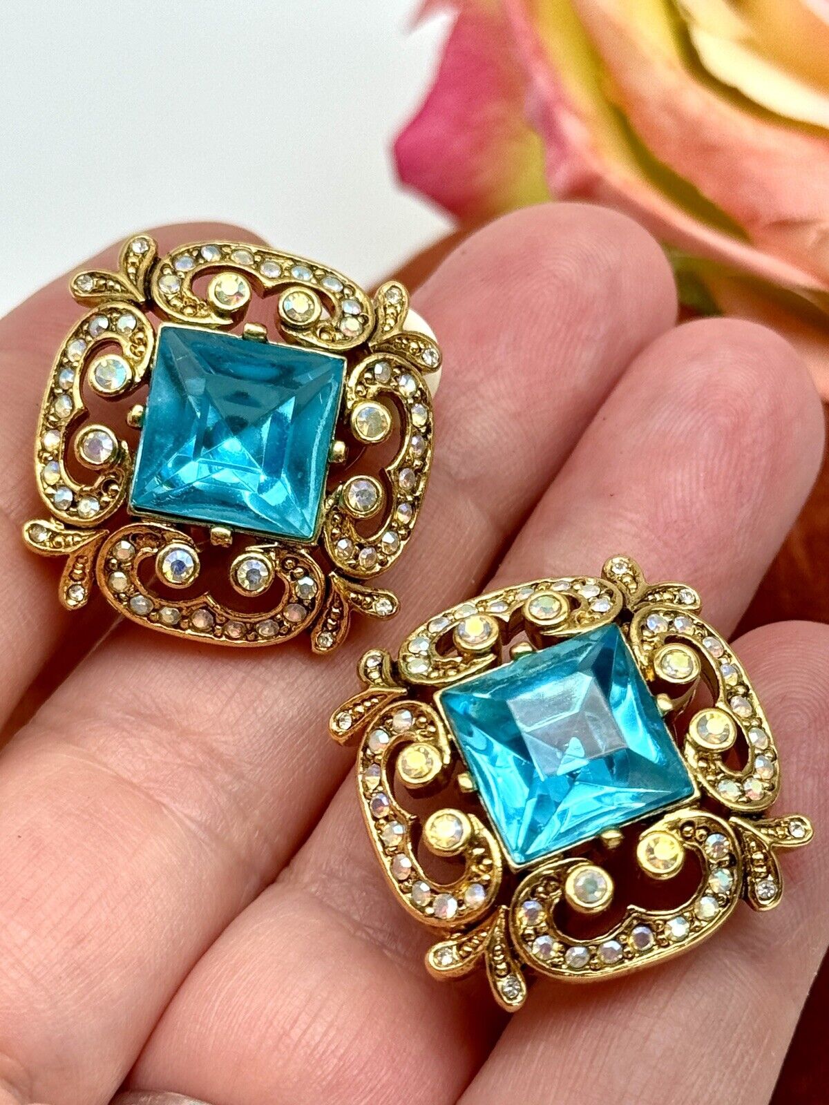 Signed Joan Rivers Blue Aqua & Aurora Crystal Clip Earrings - Vintage New Stock