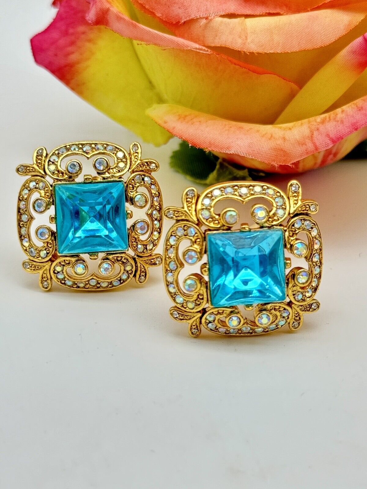 Signed Joan Rivers Blue Aqua & Aurora Crystal Clip Earrings - Vintage New Stock