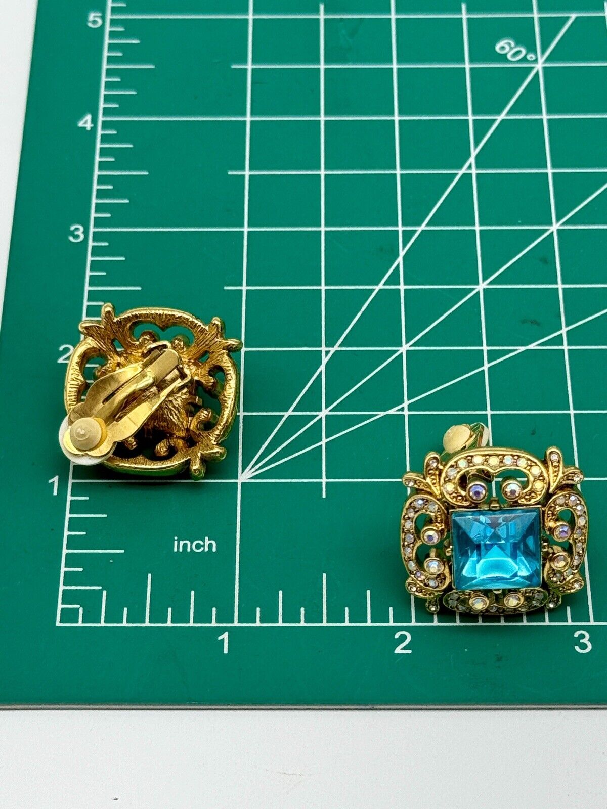 Signed Joan Rivers Blue Aqua & Aurora Crystal Clip Earrings - Vintage New Stock