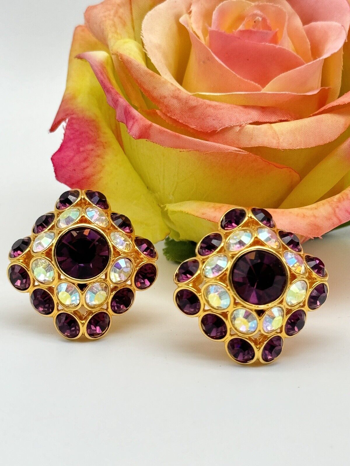 Vintage Pavé TRIFARI Purple AB Crystal LARGE SQUARE Earrings LIMITED EDITION