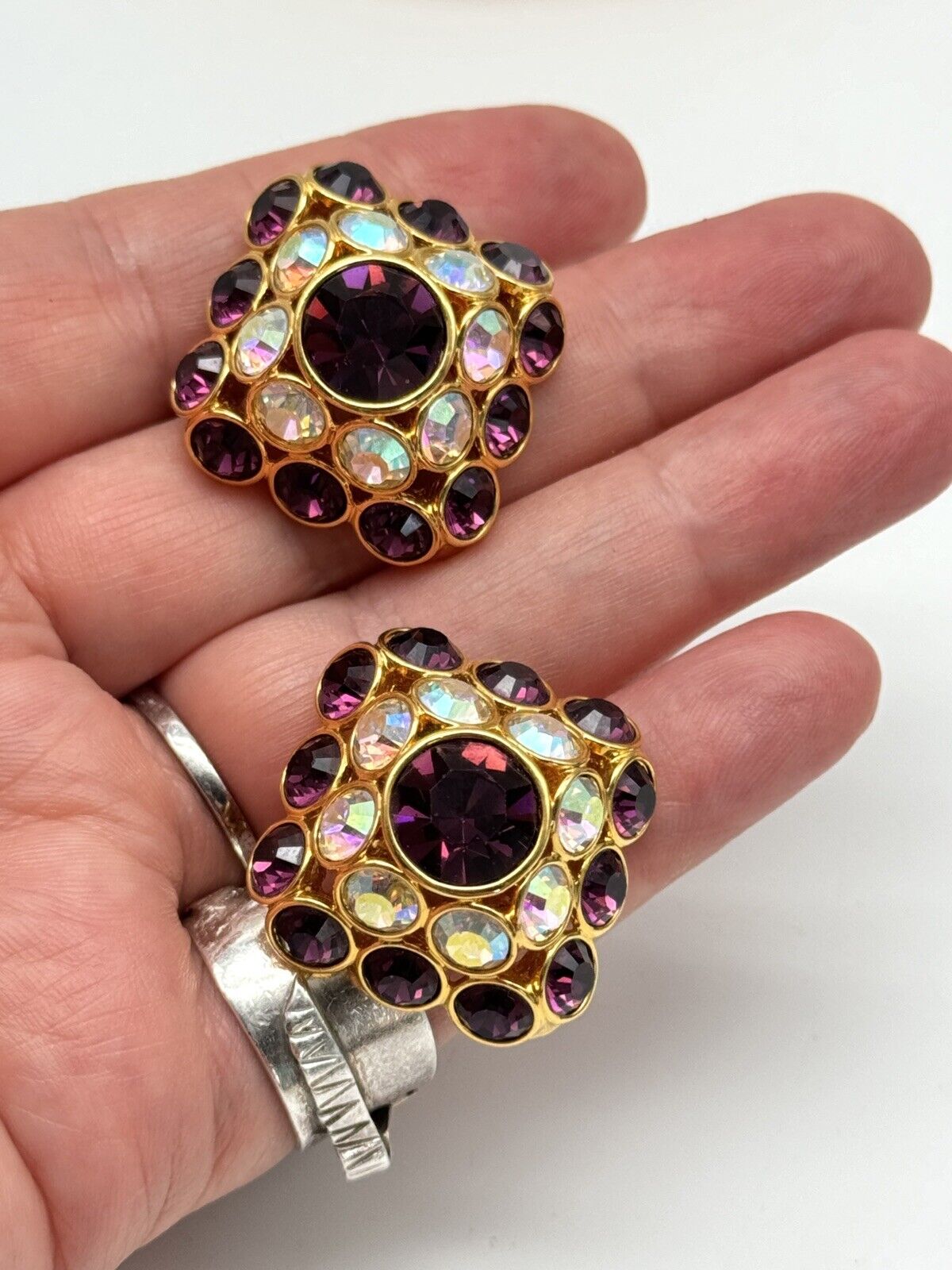 Vintage Pavé TRIFARI Purple AB Crystal LARGE SQUARE Earrings LIMITED EDITION