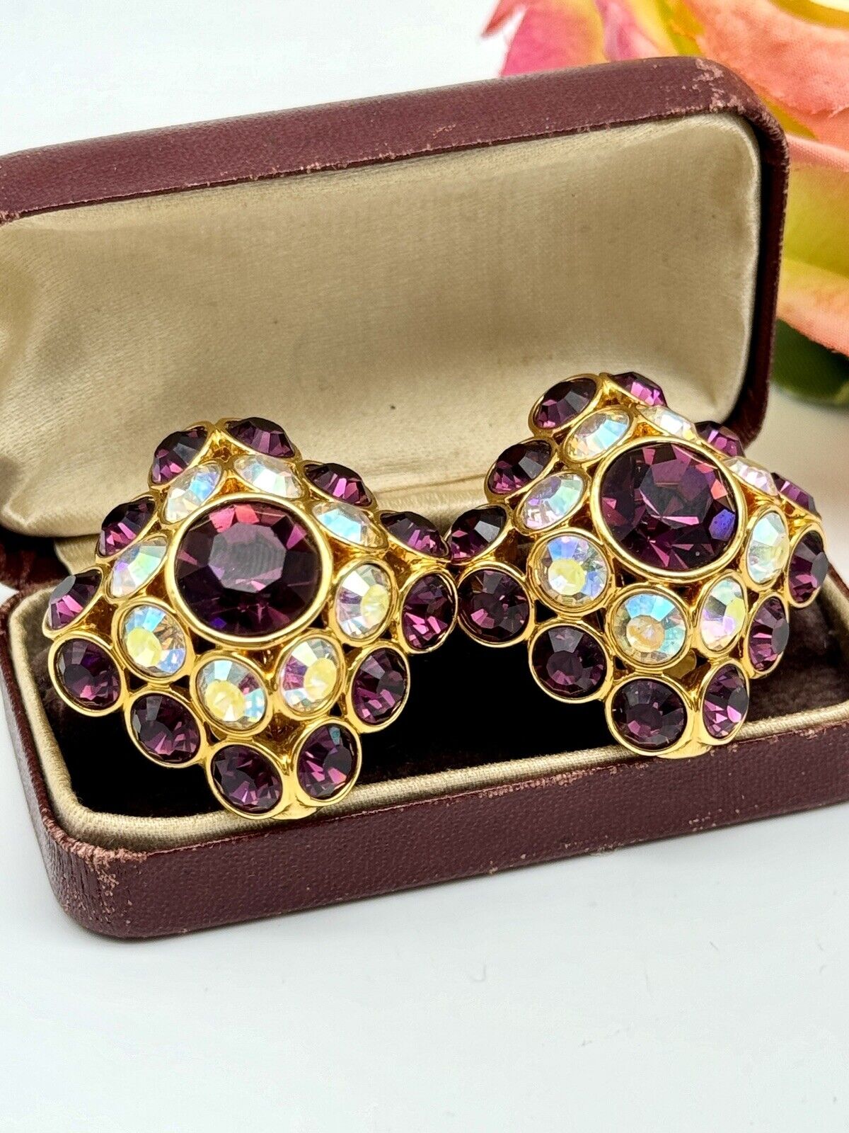 Vintage Pavé TRIFARI Purple AB Crystal LARGE SQUARE Earrings LIMITED EDITION