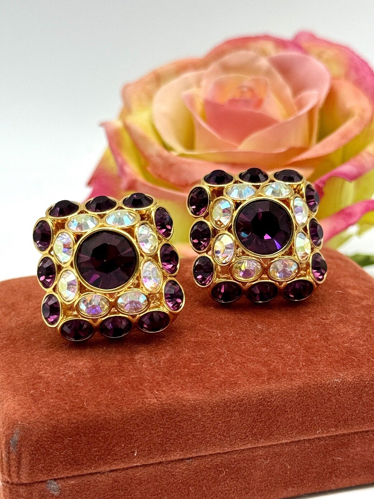Vintage Pavé TRIFARI Purple AB Crystal LARGE SQUARE Earrings LIMITED EDITION