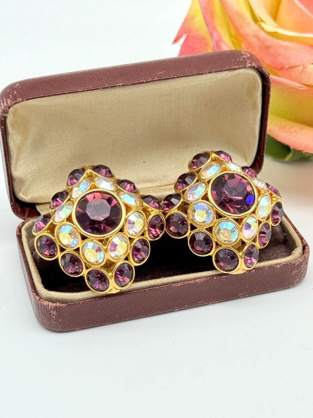 Vintage Pavé TRIFARI Purple AB Crystal LARGE SQUARE Earrings LIMITED EDITION