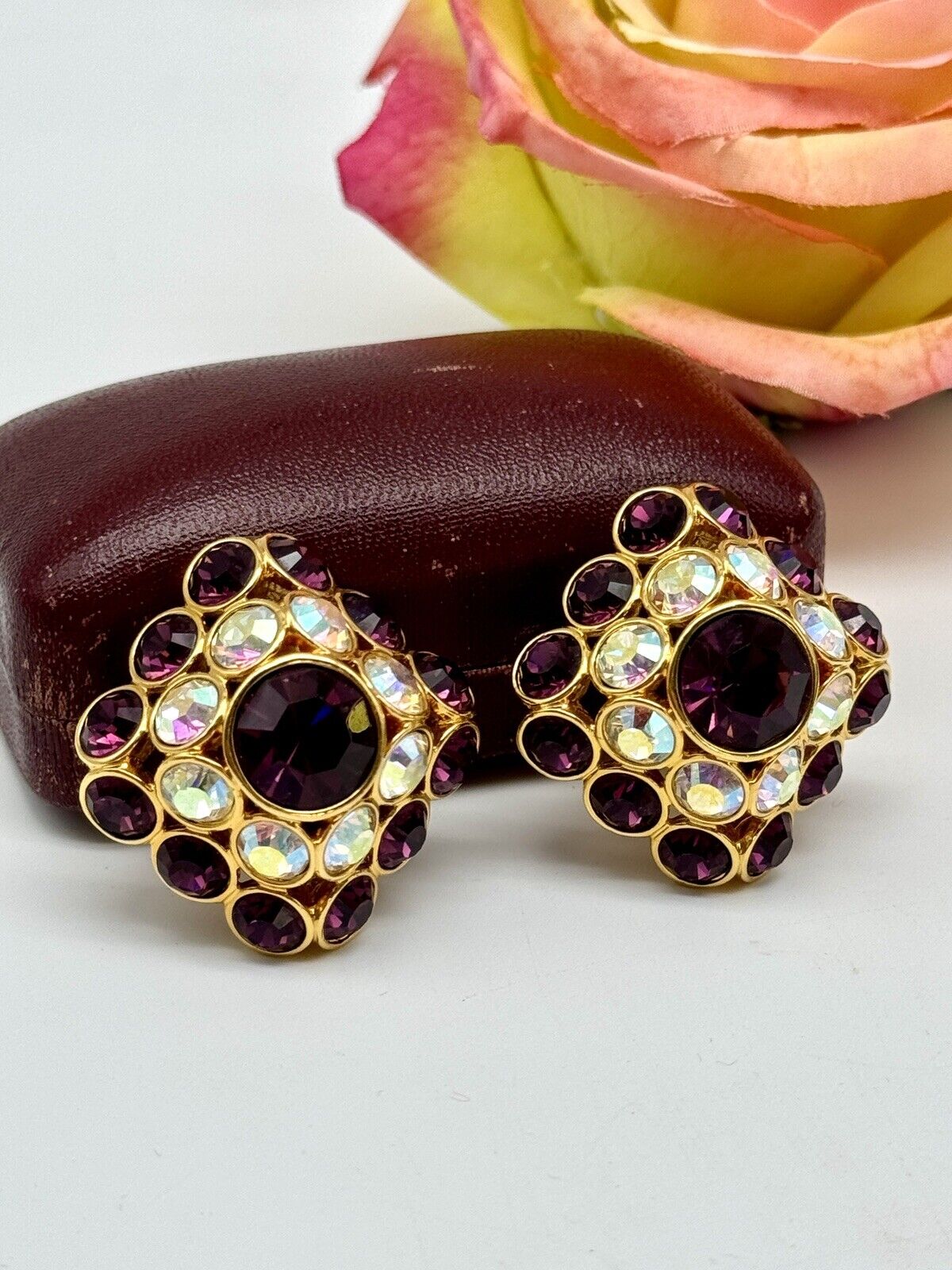 Vintage Pavé TRIFARI Purple AB Crystal LARGE SQUARE Earrings LIMITED EDITION