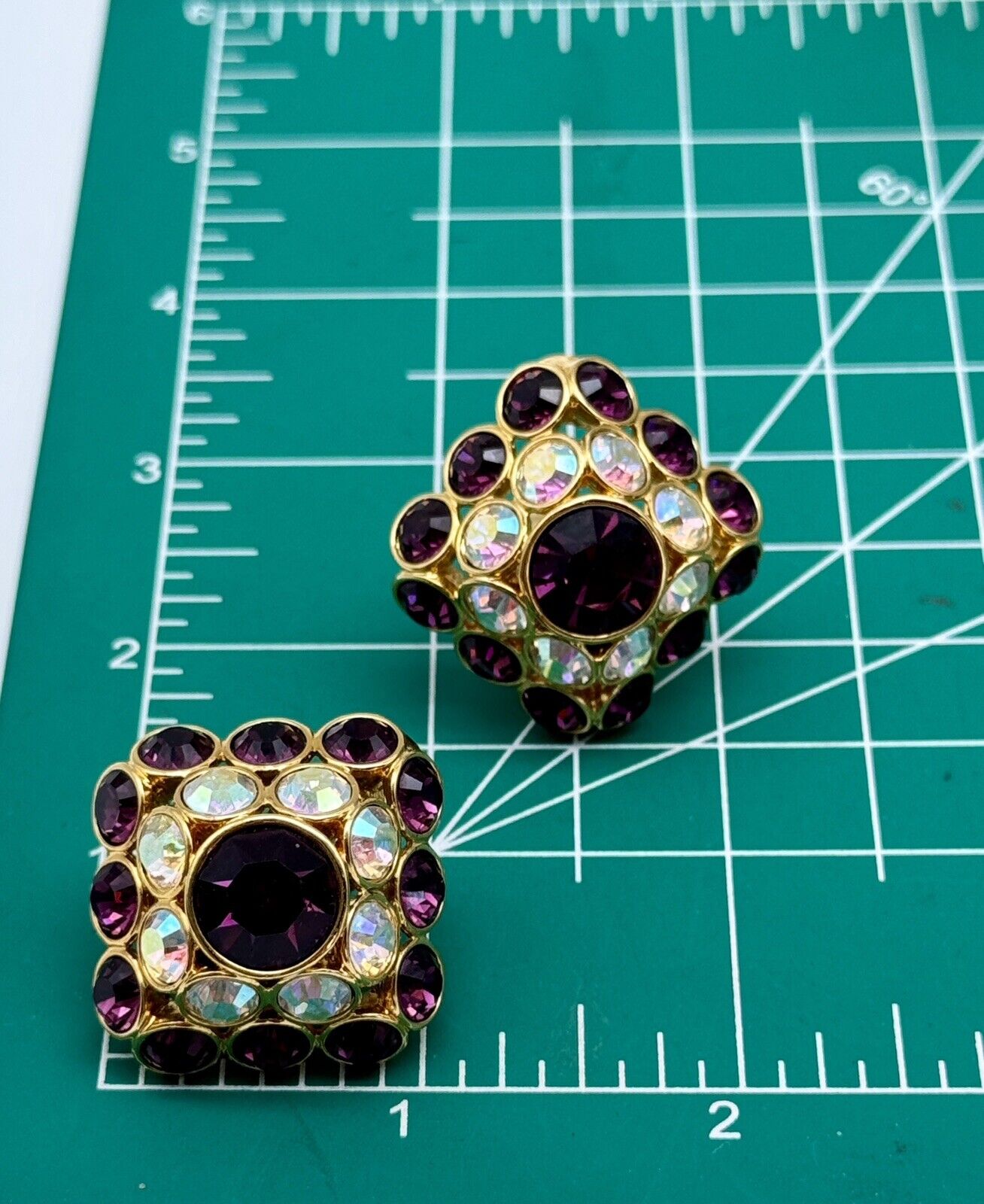 Vintage Pavé TRIFARI Purple AB Crystal LARGE SQUARE Earrings LIMITED EDITION