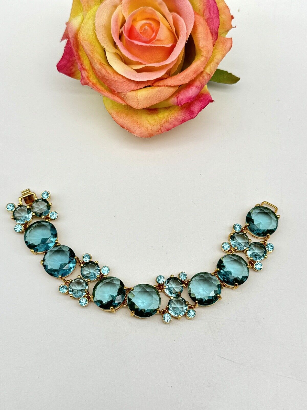 Nolan Miller Signed Aqua Blue Rhinestone Bracelet Set In Gold Tone ca.7” RARE