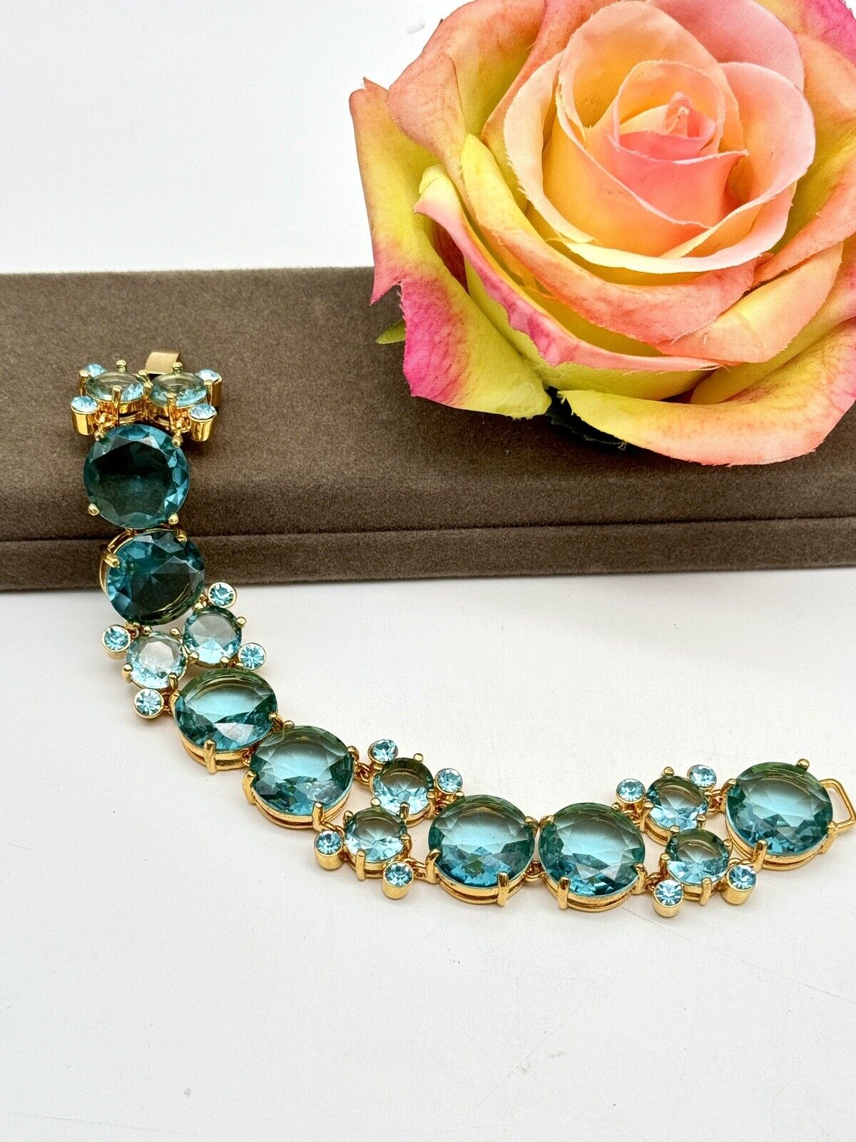 Nolan Miller Signed Aqua Blue Rhinestone Bracelet Set In Gold Tone ca.7” RARE