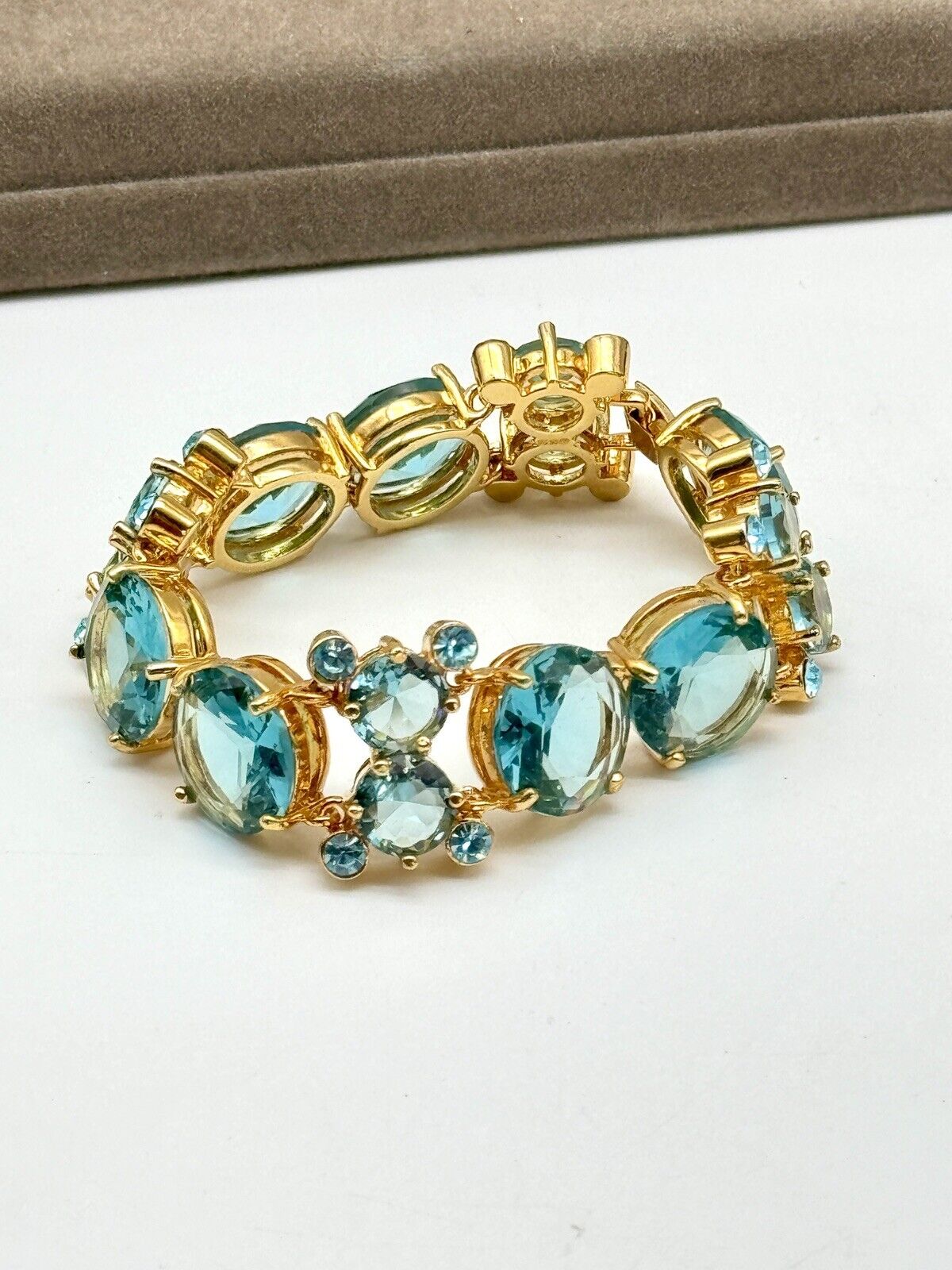 Nolan Miller Signed Aqua Blue Rhinestone Bracelet Set In Gold Tone ca.7” RARE