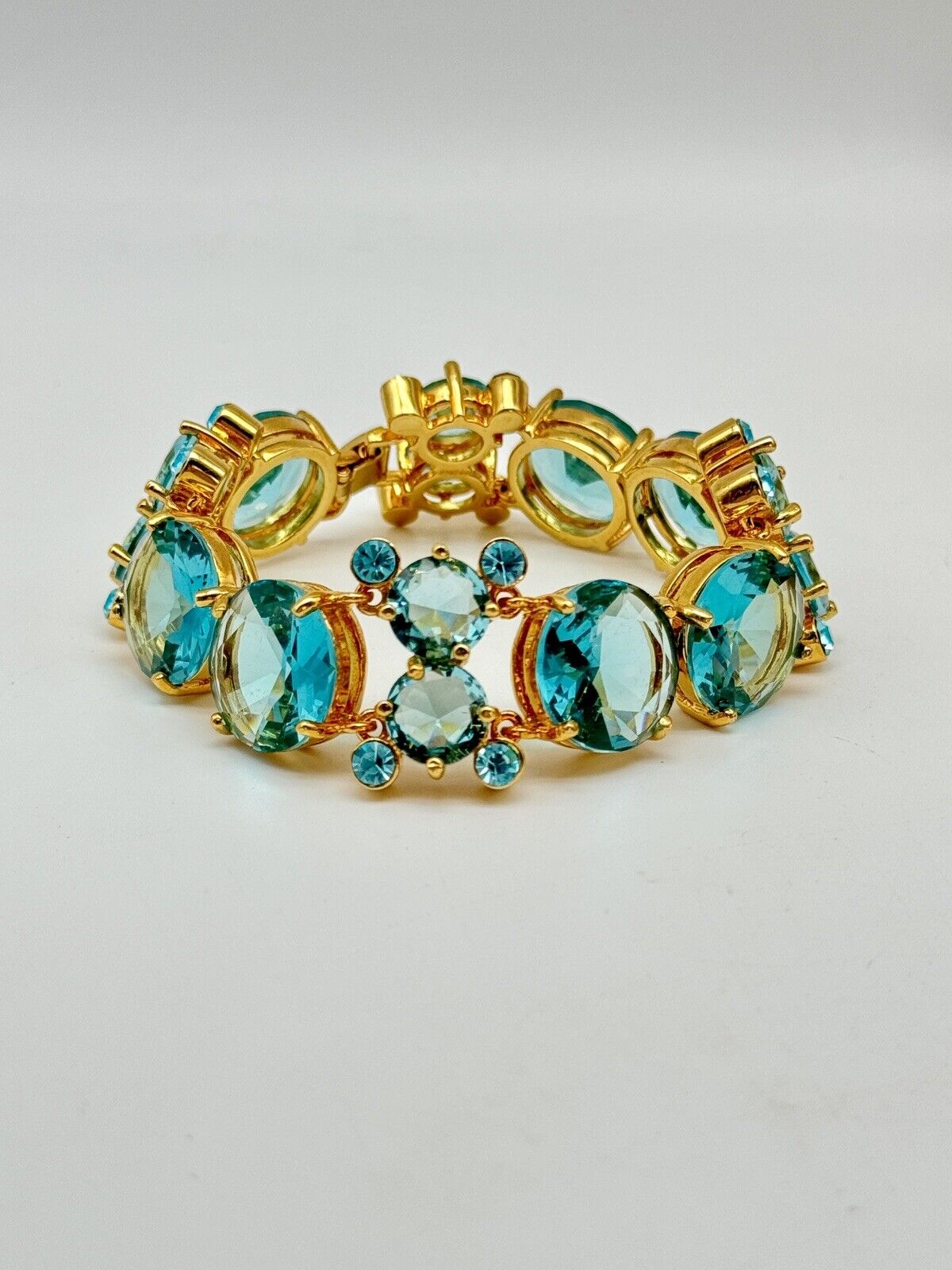 Nolan Miller Signed Aqua Blue Rhinestone Bracelet Set In Gold Tone ca.7” RARE