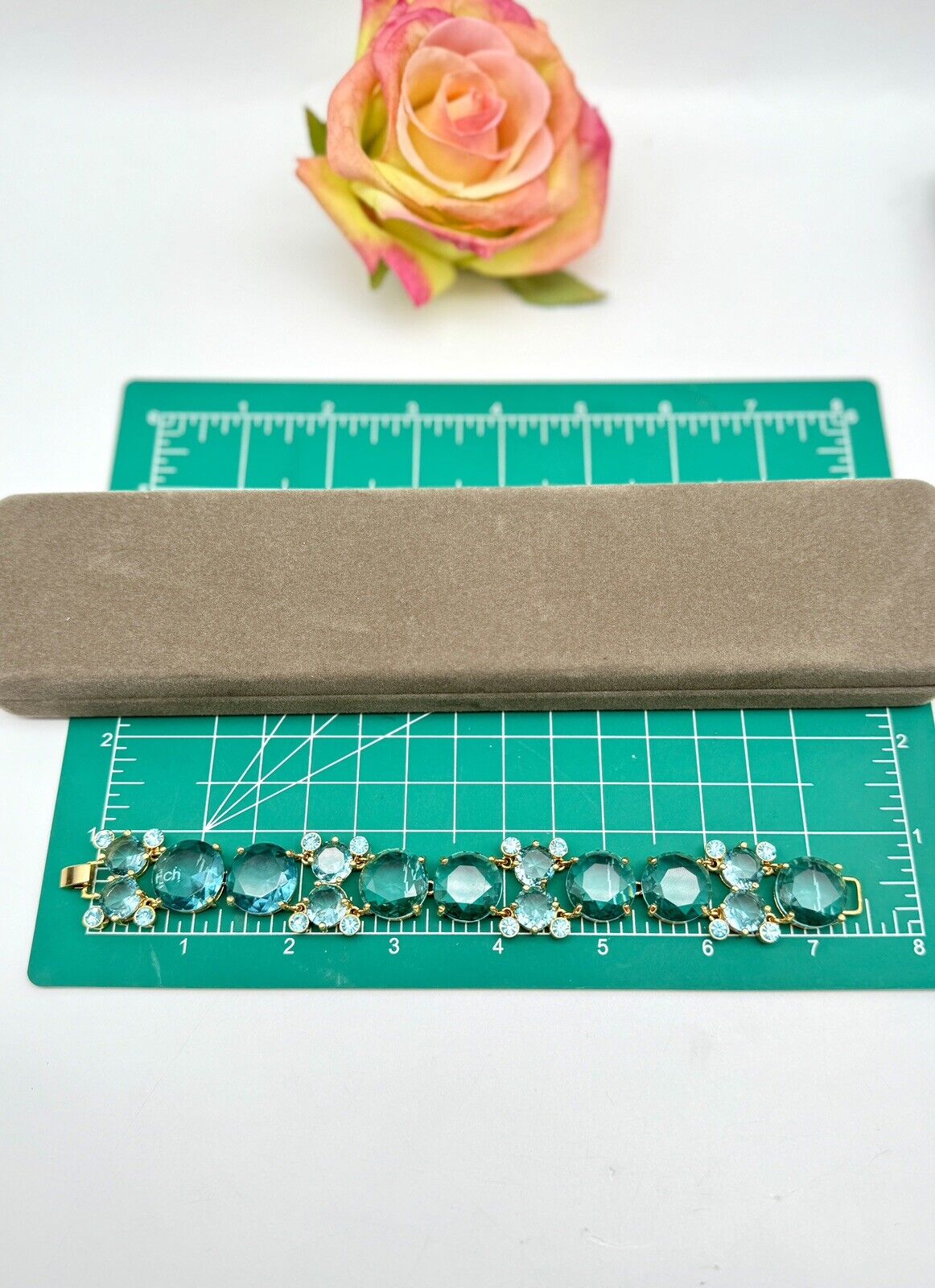 Nolan Miller Signed Aqua Blue Rhinestone Bracelet Set In Gold Tone ca.7” RARE