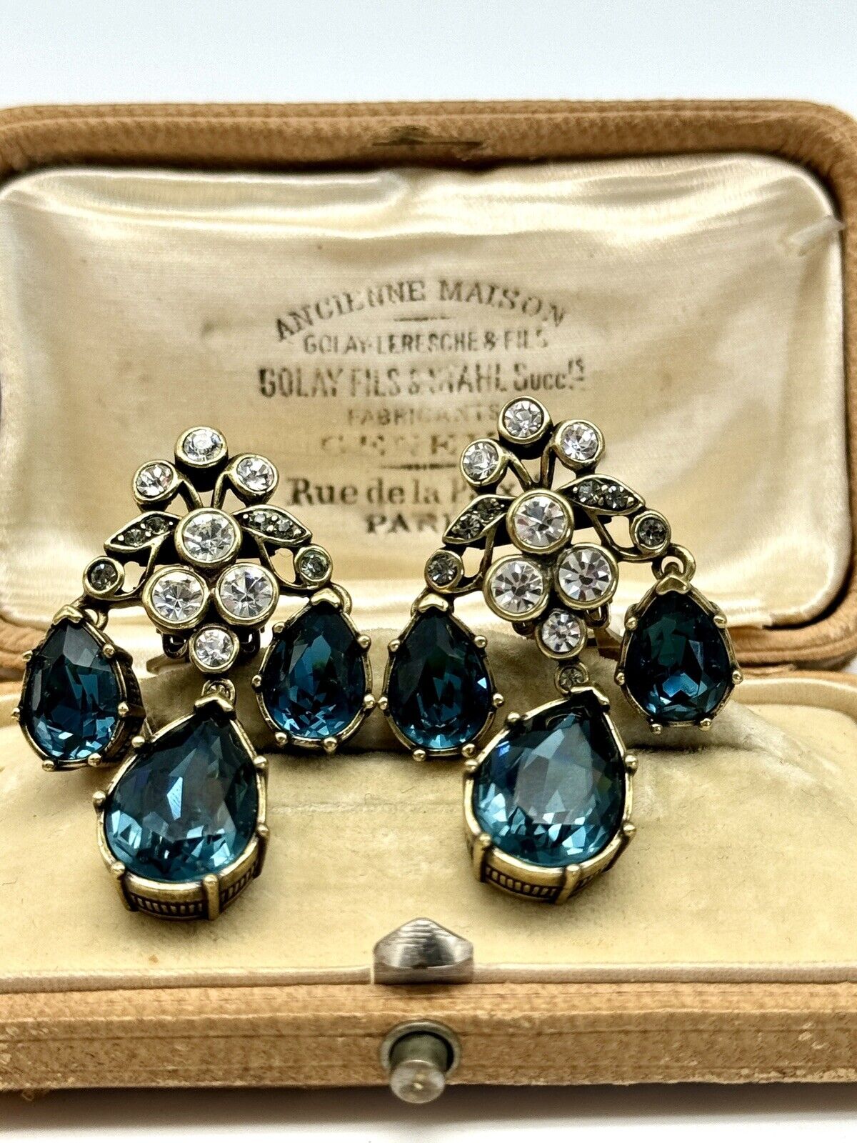HEIDI DAUS Blue & Clear Rhinestone Dangler Earrings ESTATE FIND