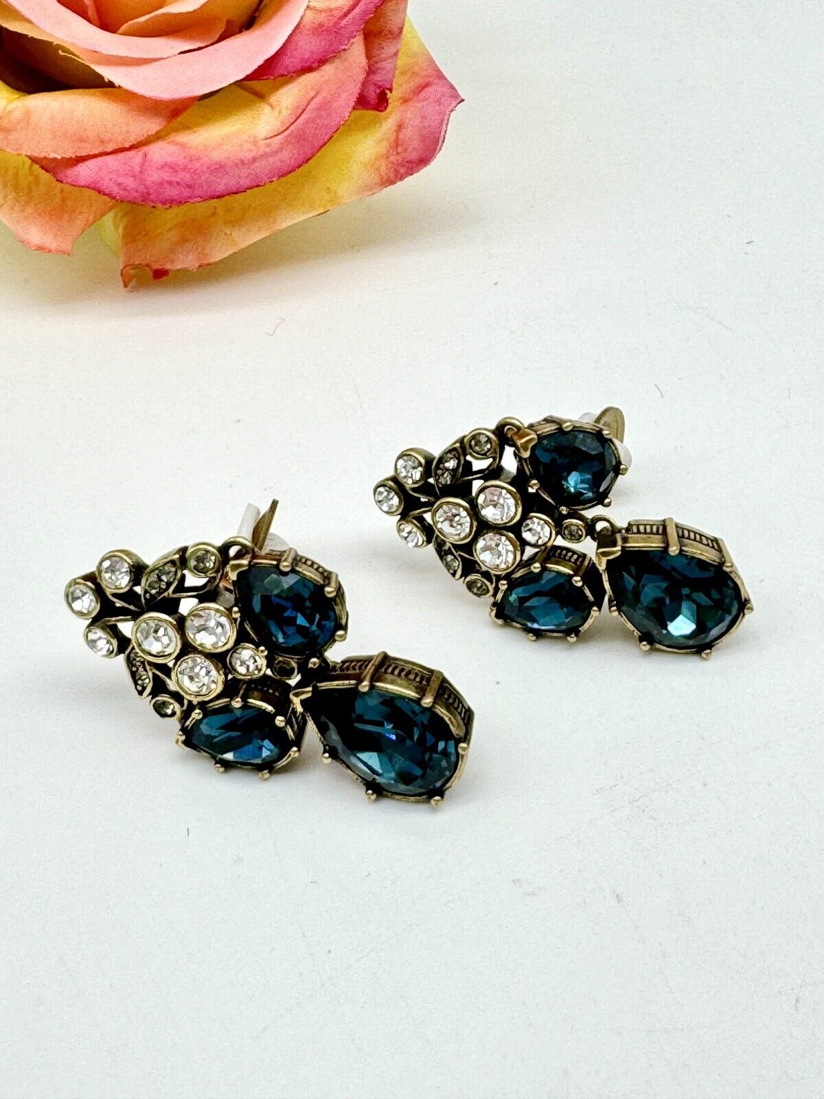 HEIDI DAUS Blue & Clear Rhinestone Dangler Earrings ESTATE FIND