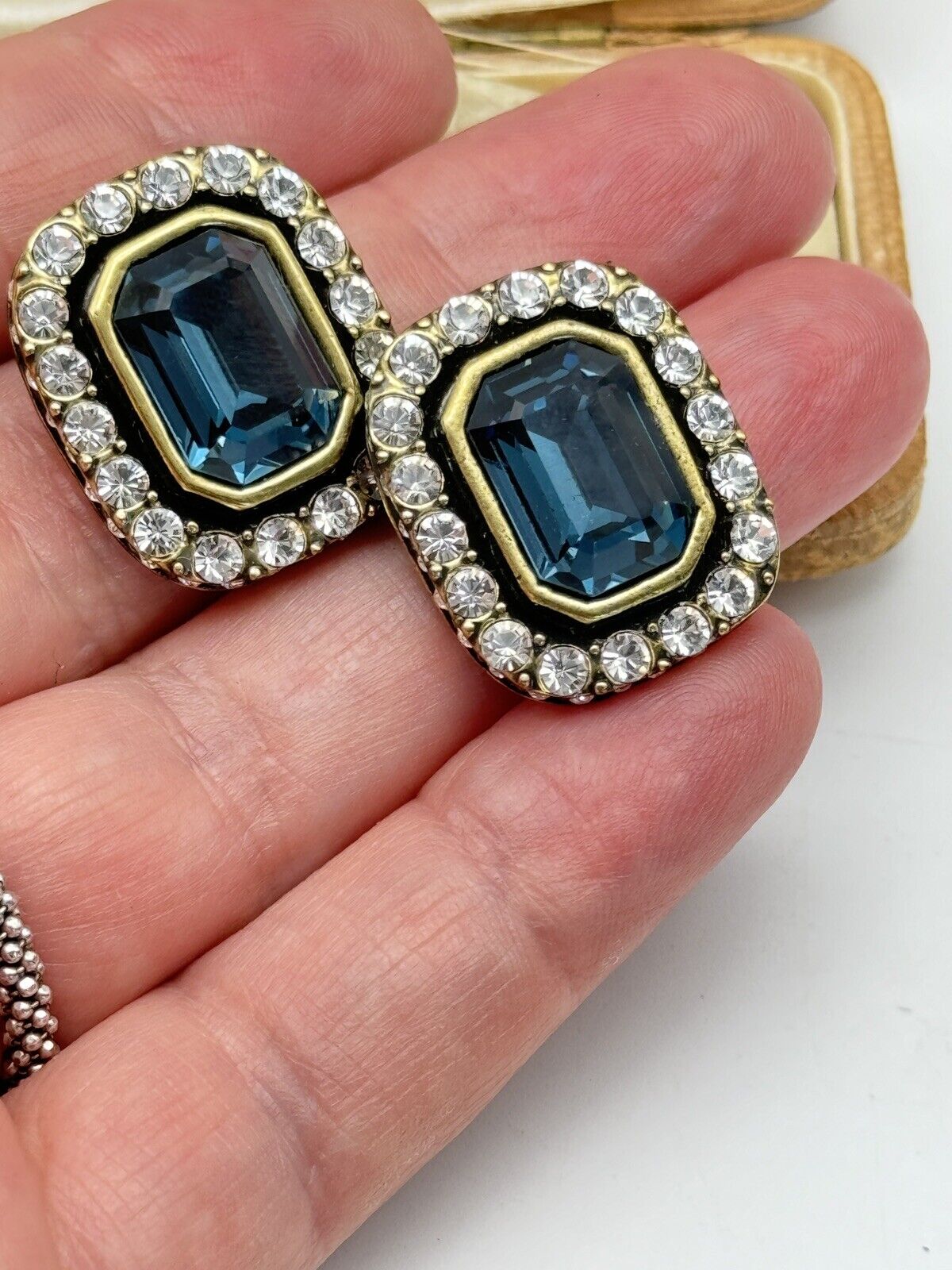 Heidi Daus Dark Blue Rhinestone Art Deco Style Earrings ESTATE FIND