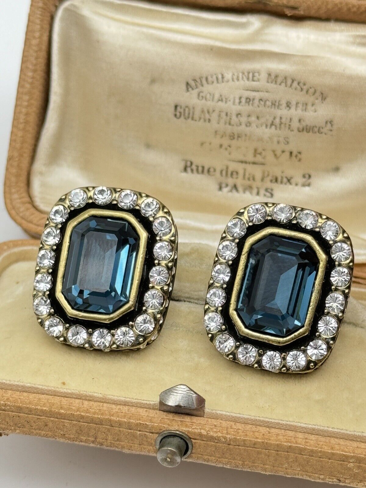 Heidi Daus Dark Blue Rhinestone Art Deco Style Earrings ESTATE FIND