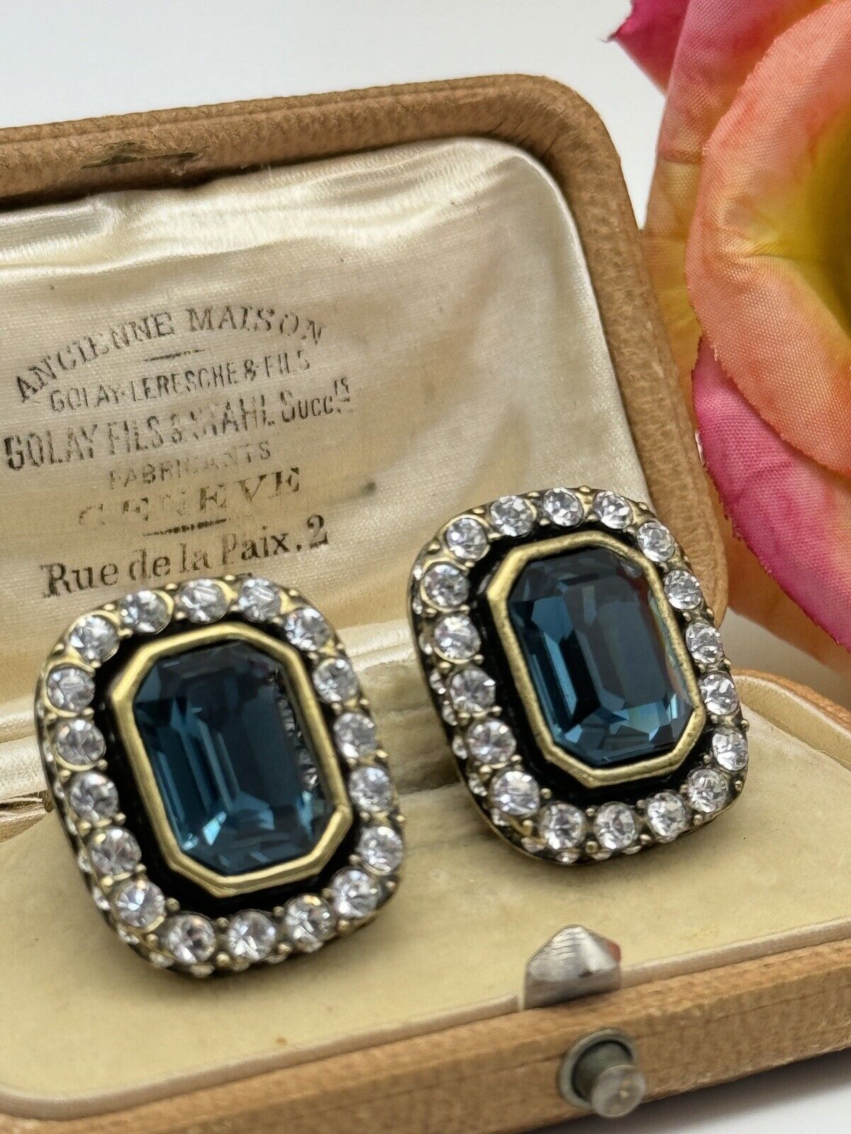 Heidi Daus Dark Blue Rhinestone Art Deco Style Earrings ESTATE FIND