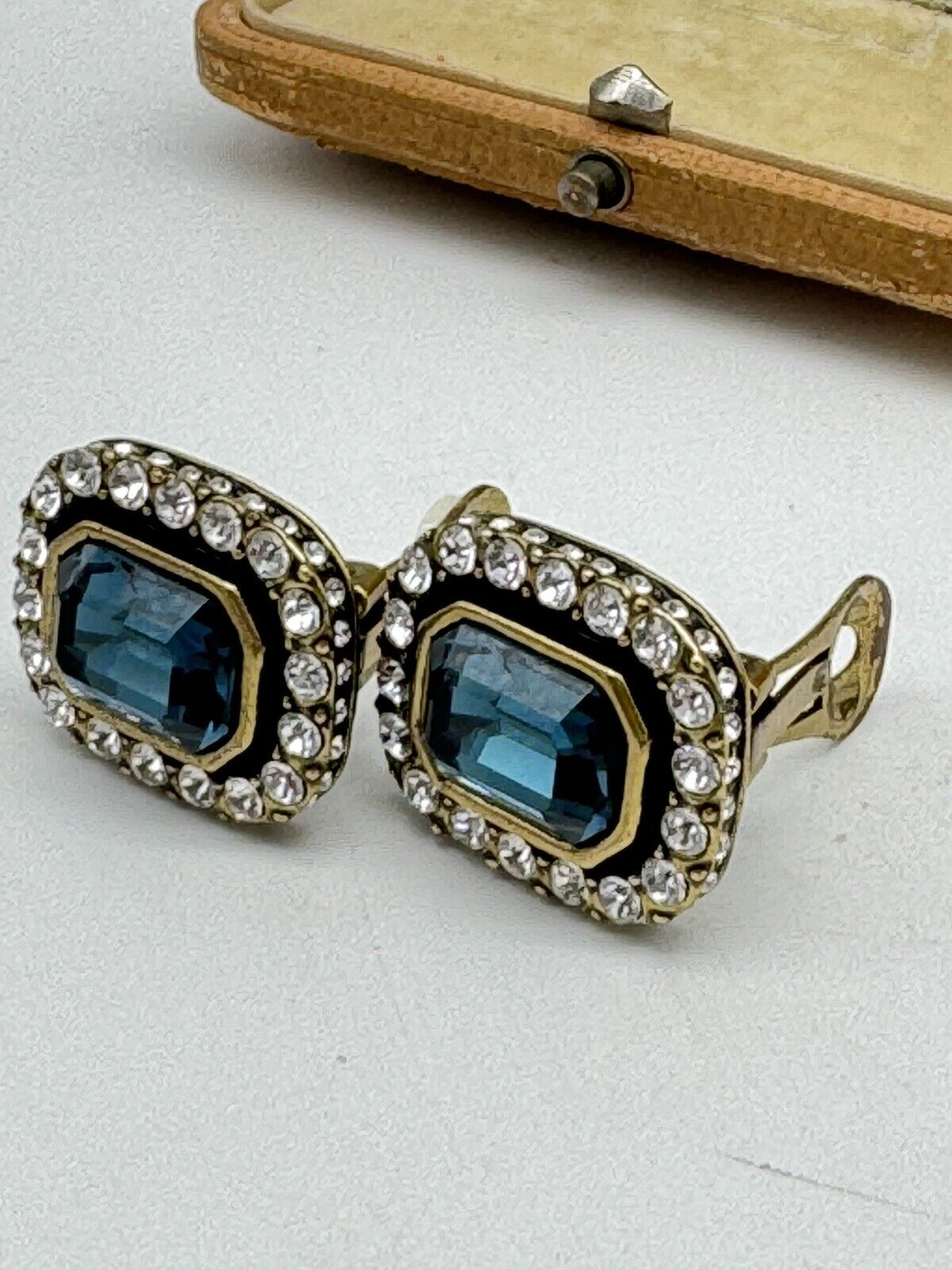 Heidi Daus Dark Blue Rhinestone Art Deco Style Earrings ESTATE FIND