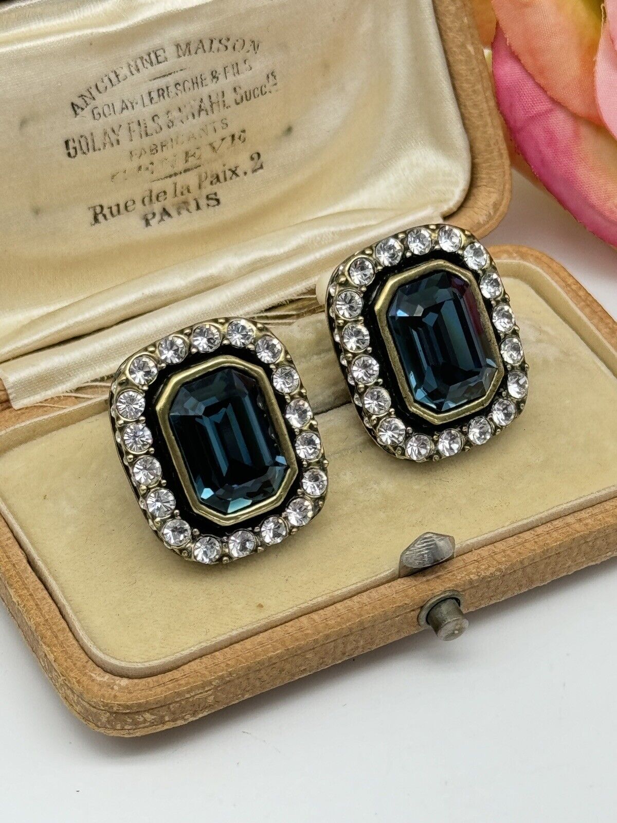 Heidi Daus Dark Blue Rhinestone Art Deco Style Earrings ESTATE FIND