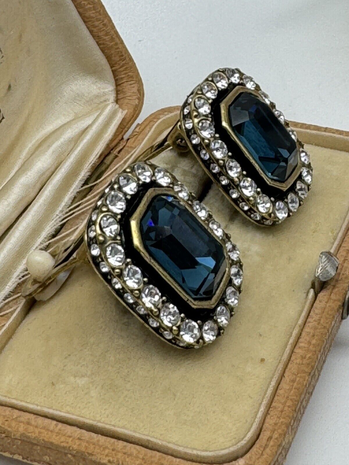 Heidi Daus Dark Blue Rhinestone Art Deco Style Earrings ESTATE FIND