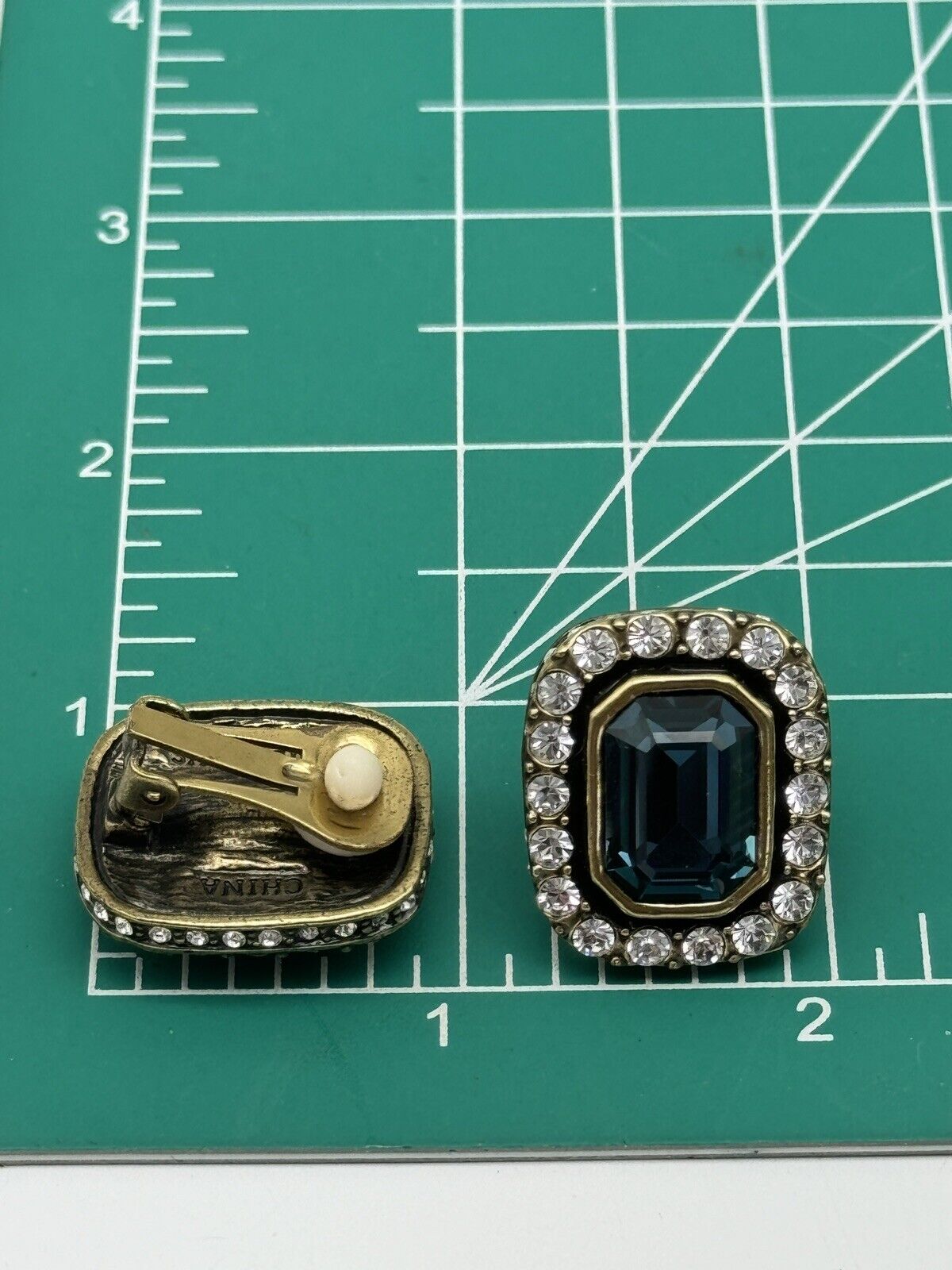 Heidi Daus Dark Blue Rhinestone Art Deco Style Earrings ESTATE FIND