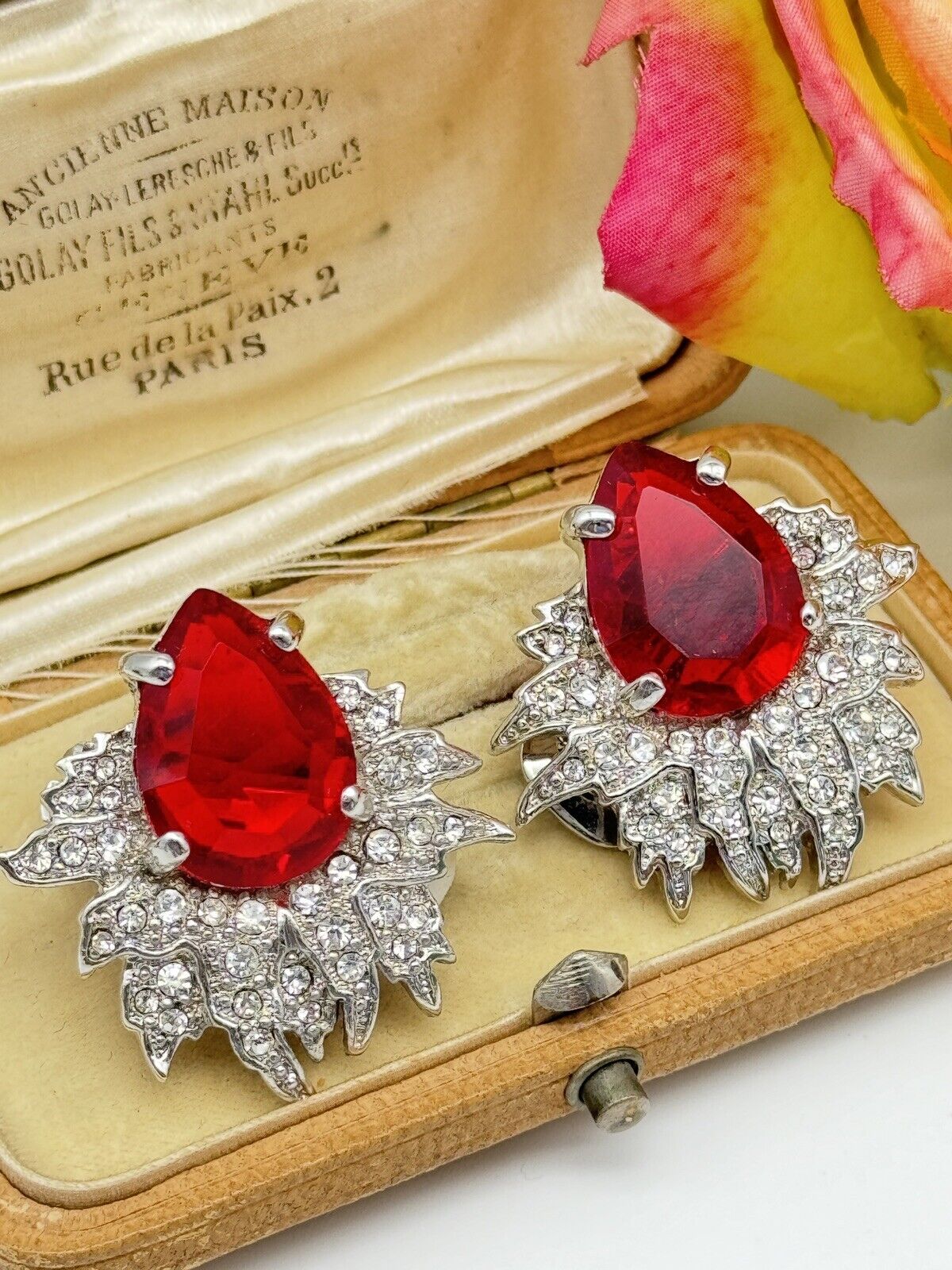 Signed Vintage SCAASI Red & Clear Rhinestone Clip On Earrings Silver Tone