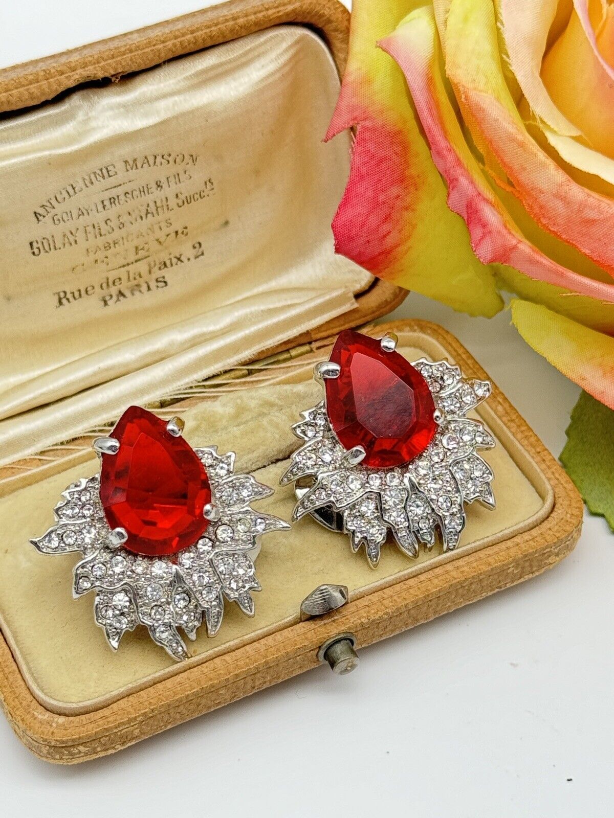 Signed Vintage SCAASI Red & Clear Rhinestone Clip On Earrings Silver Tone
