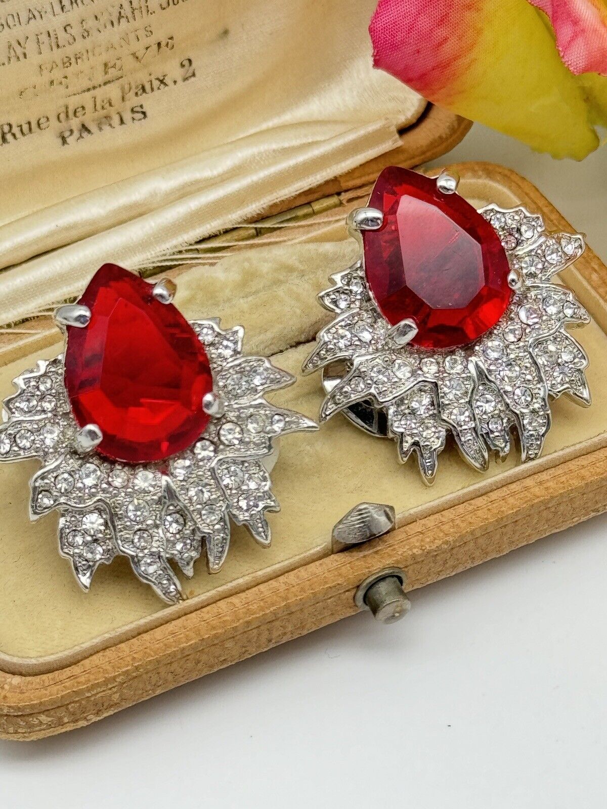 Signed Vintage SCAASI Red & Clear Rhinestone Clip On Earrings Silver Tone
