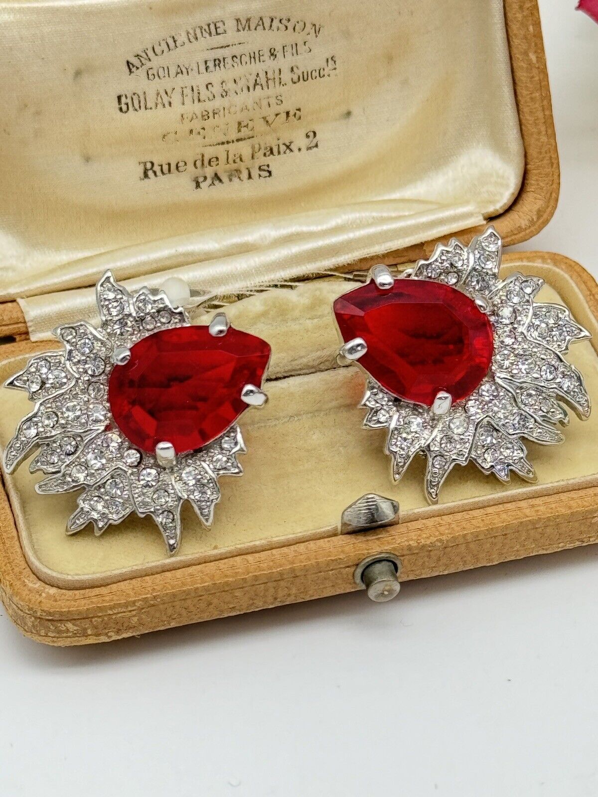 Signed Vintage SCAASI Red & Clear Rhinestone Clip On Earrings Silver Tone