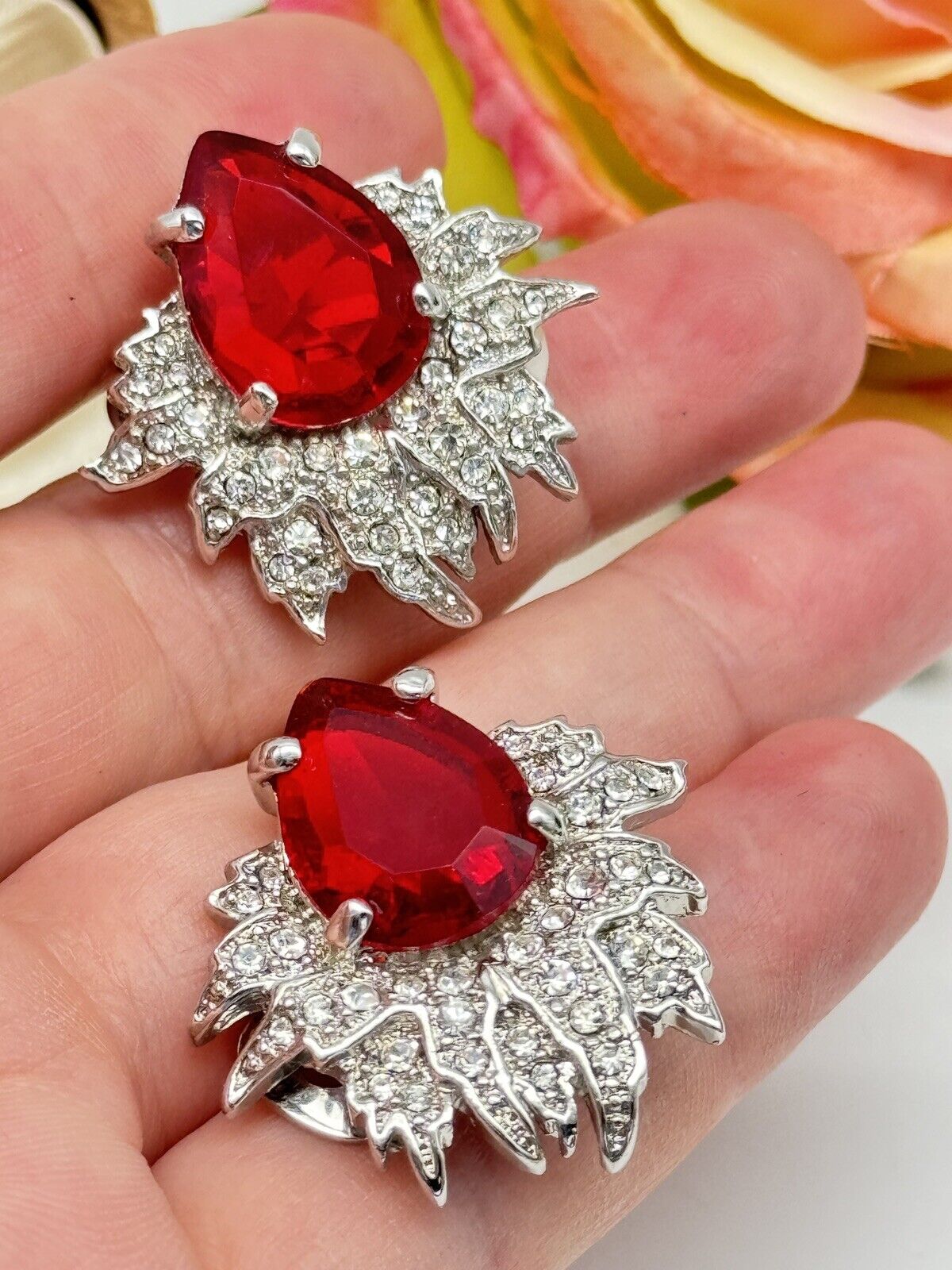 Signed Vintage SCAASI Red & Clear Rhinestone Clip On Earrings Silver Tone