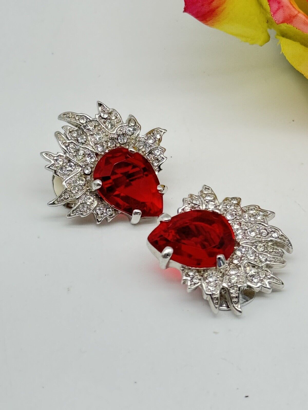 Signed Vintage SCAASI Red & Clear Rhinestone Clip On Earrings Silver Tone