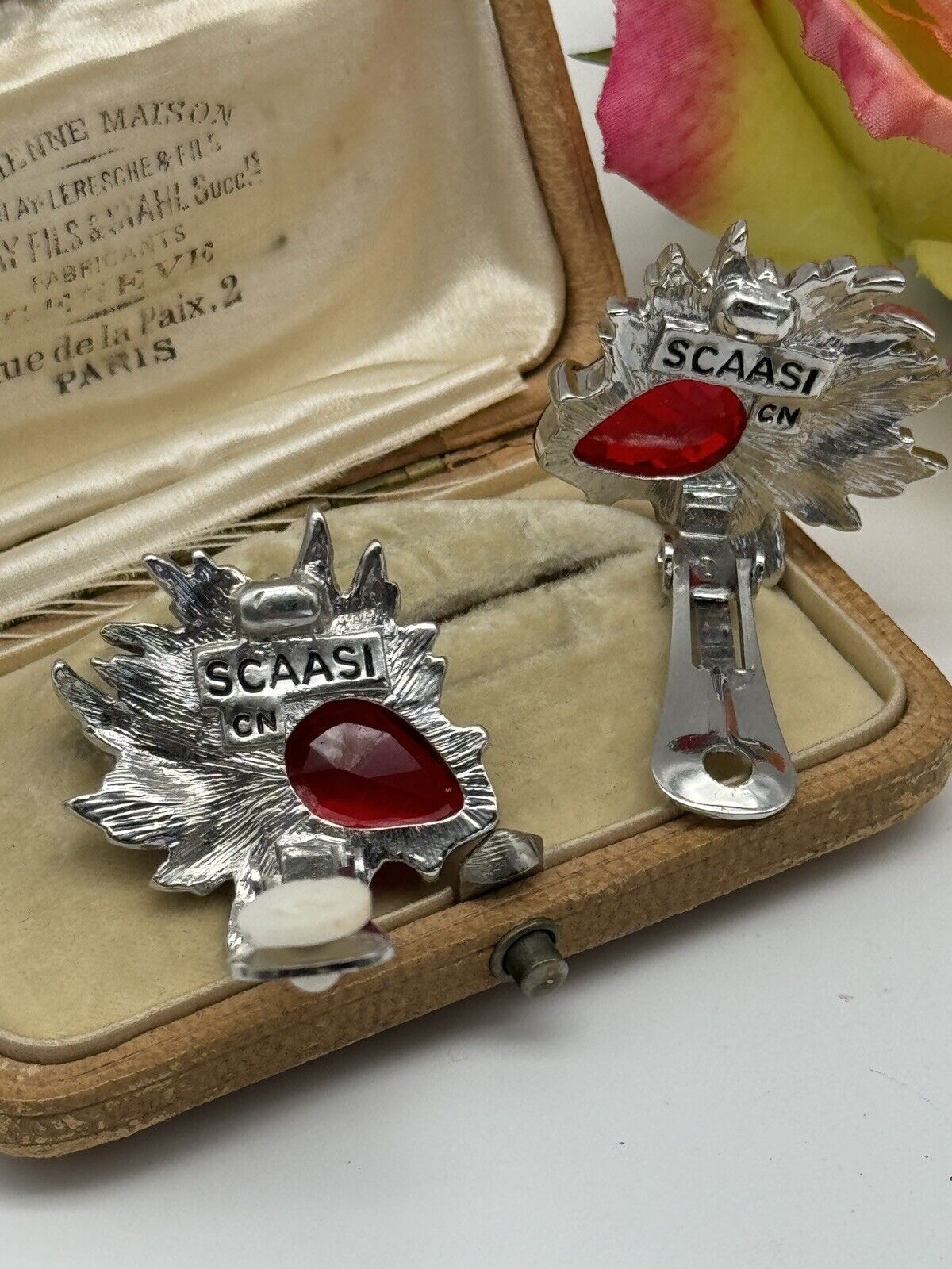 Signed Vintage SCAASI Red & Clear Rhinestone Clip On Earrings Silver Tone