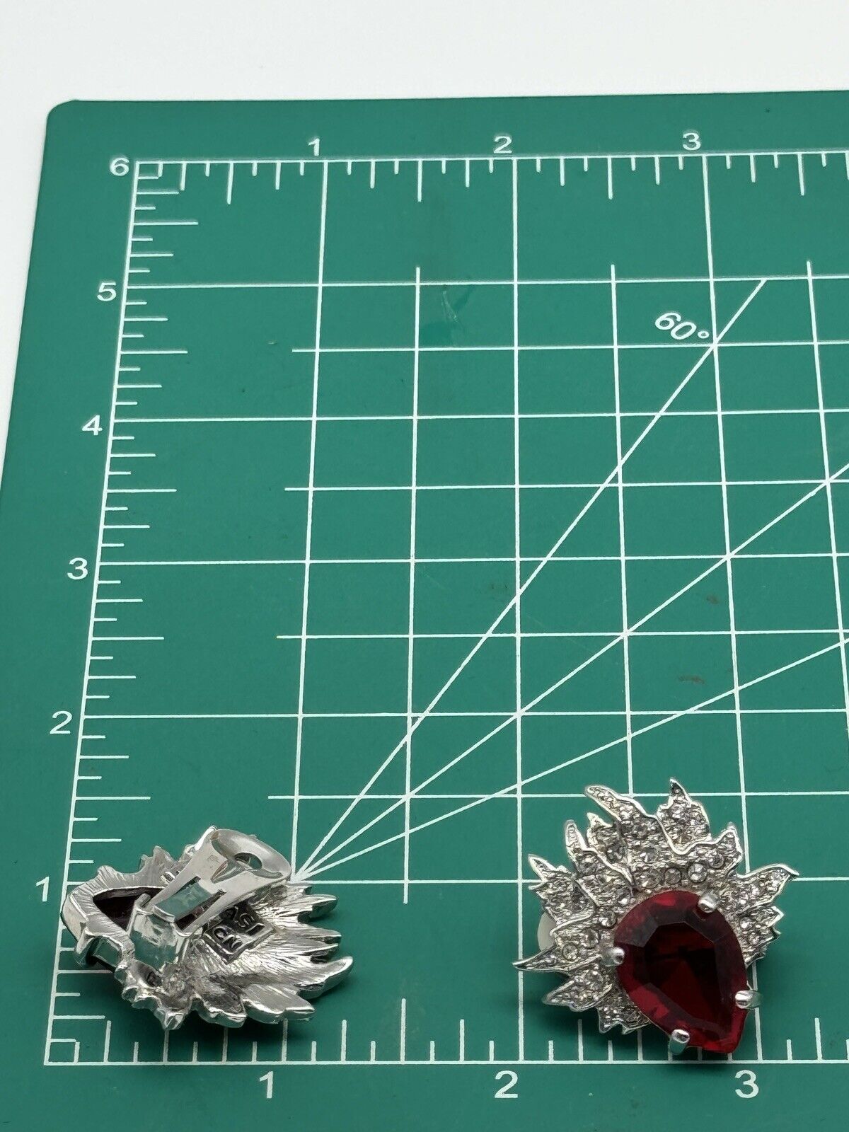 Signed Vintage SCAASI Red & Clear Rhinestone Clip On Earrings Silver Tone