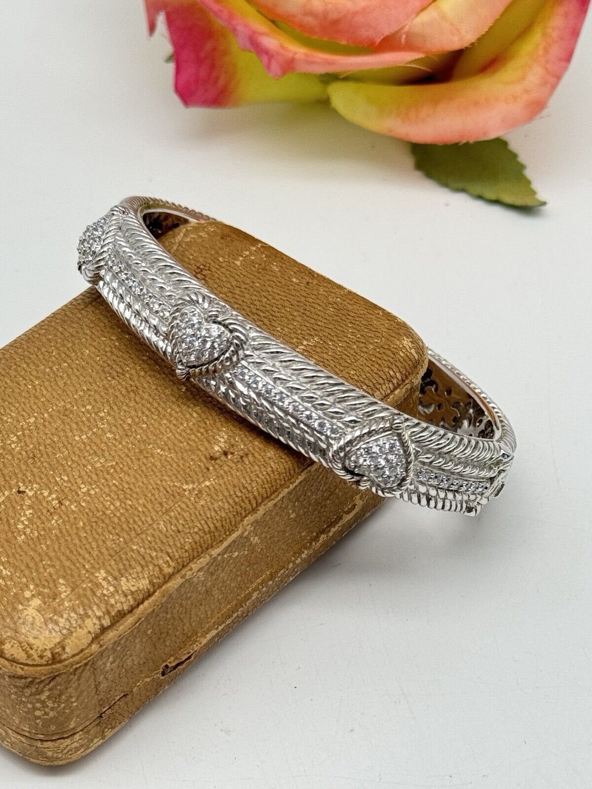 Judith Ripka Sterling Silver CZ Diamonique 3 Heart Hinged Cuff Bracelet 6 3/4”
