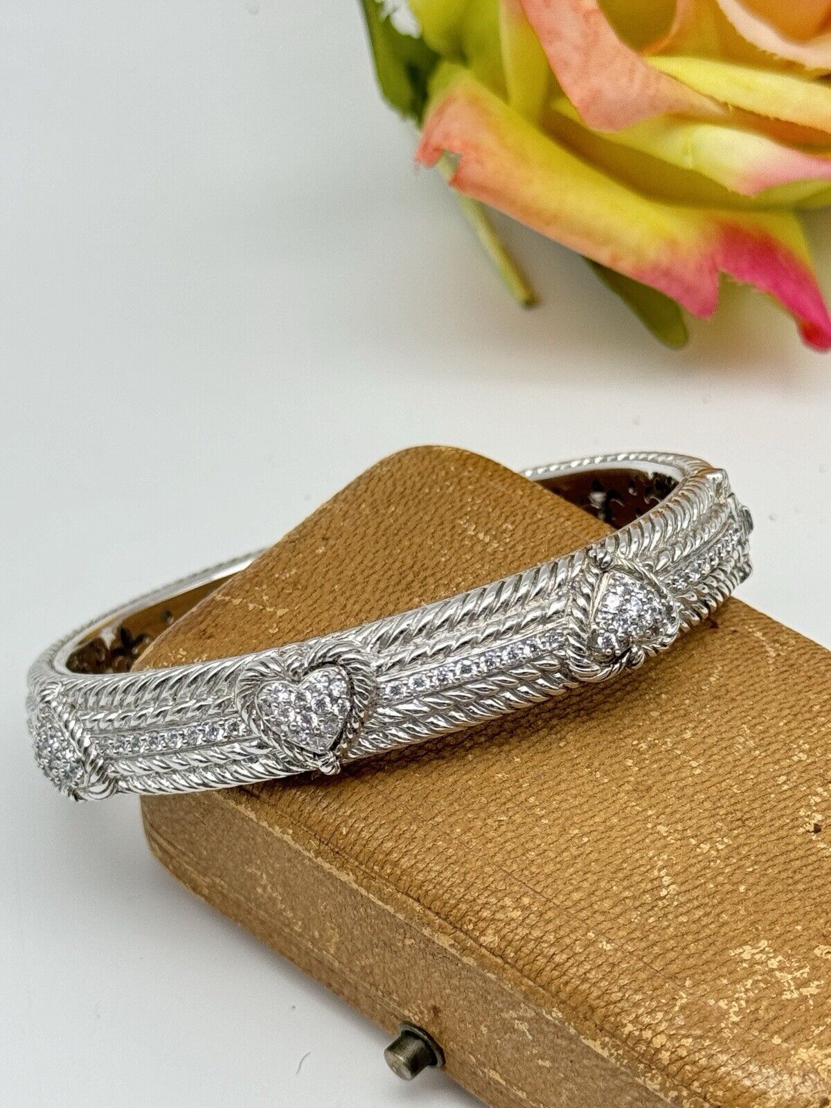 Judith Ripka Sterling Silver CZ Diamonique 3 Heart Hinged Cuff Bracelet 6 3/4”