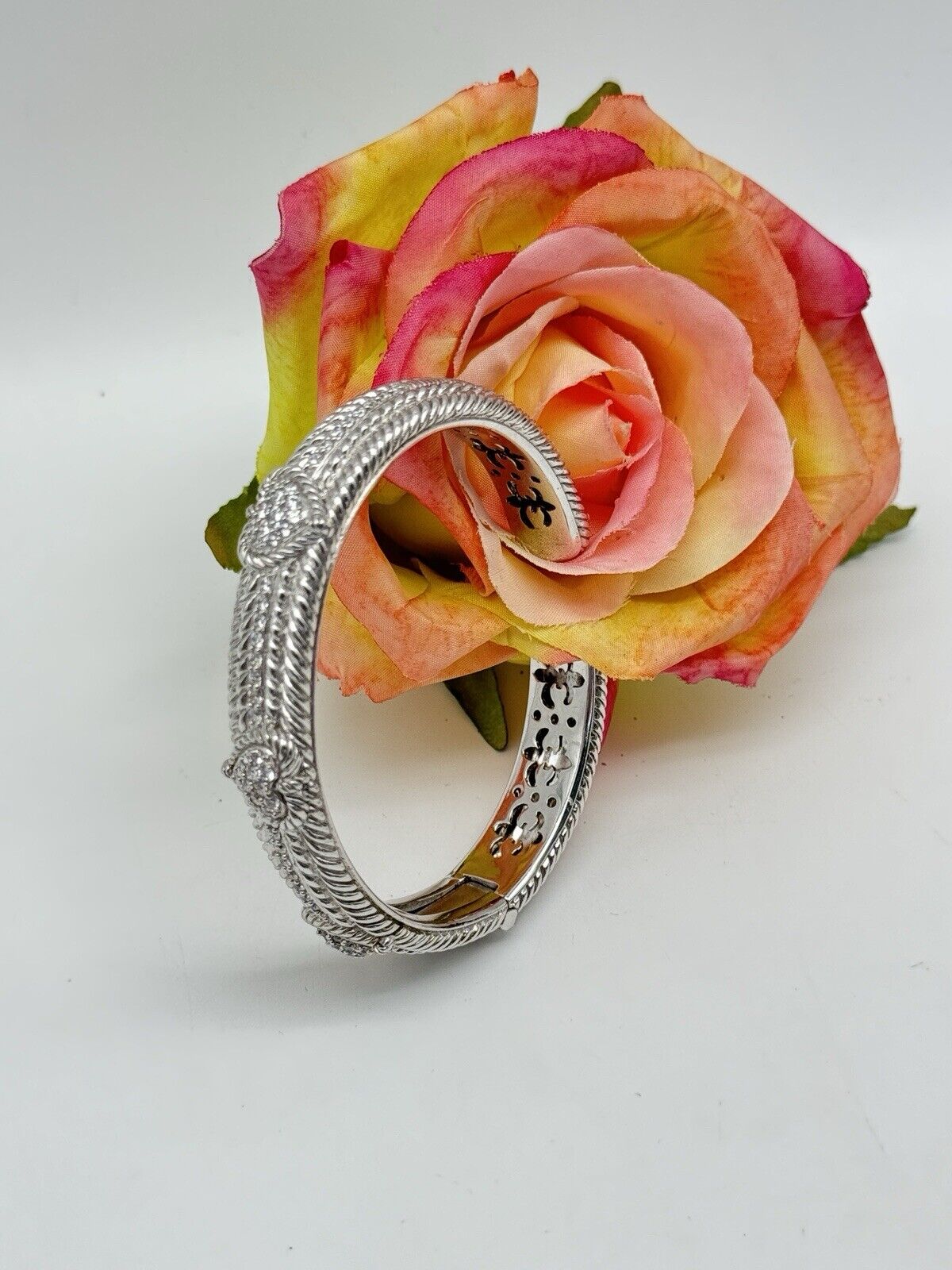 Judith Ripka Sterling Silver CZ Diamonique 3 Heart Hinged Cuff Bracelet 6 3/4”