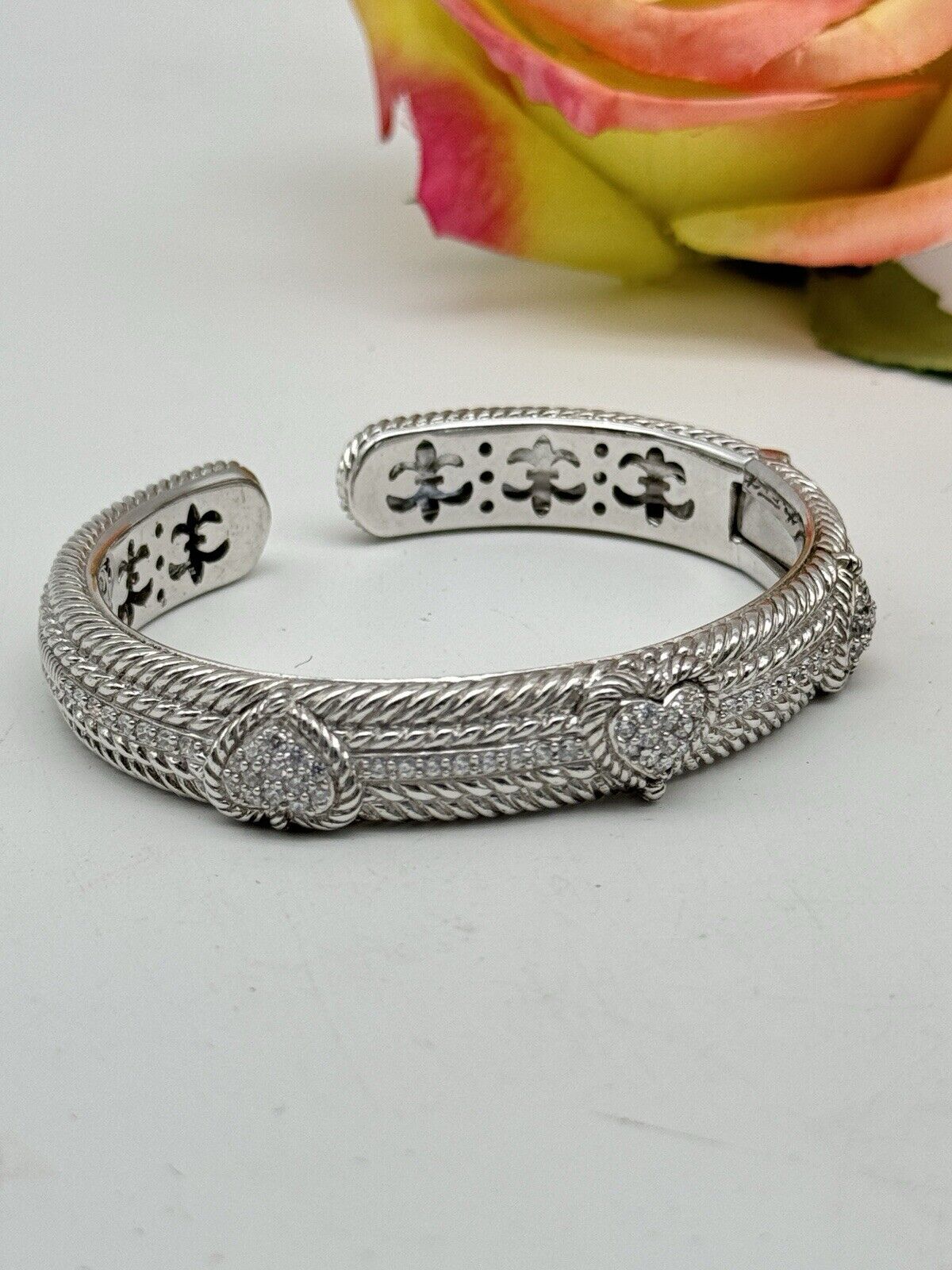 Judith Ripka Sterling Silver CZ Diamonique 3 Heart Hinged Cuff Bracelet 6 3/4”