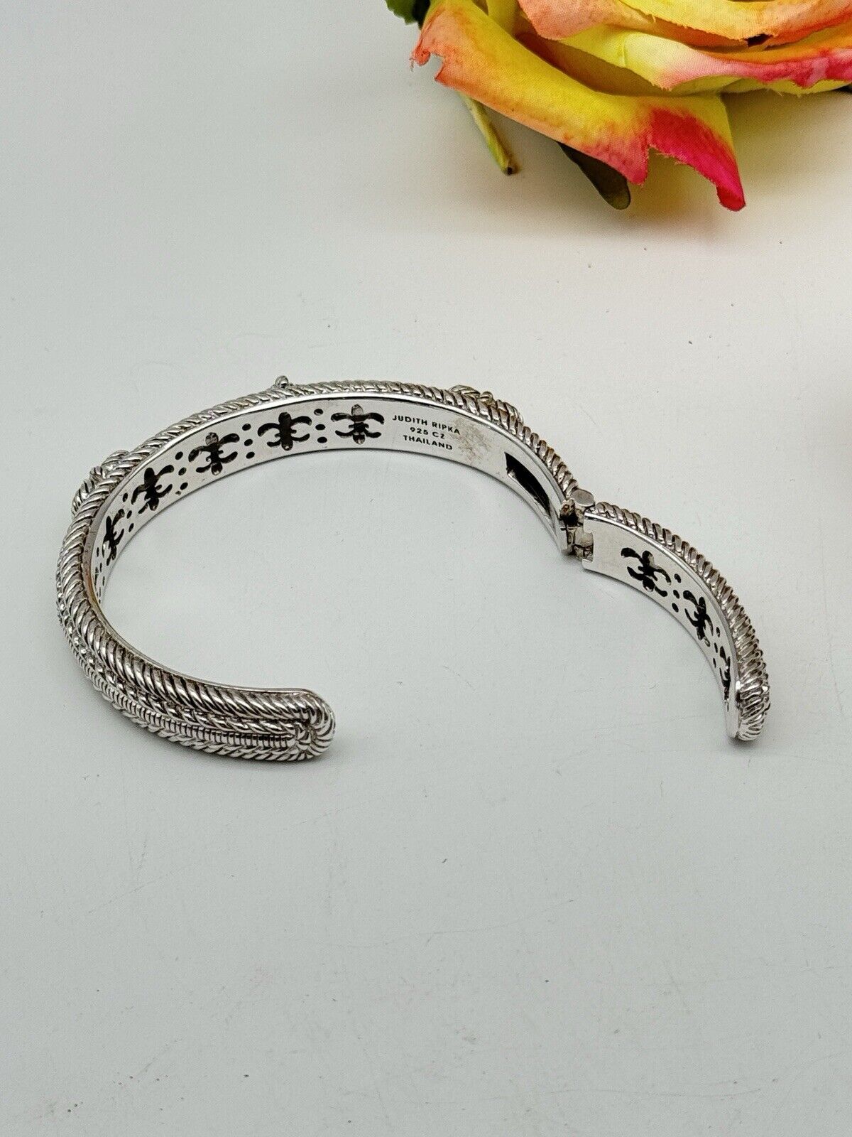 Judith Ripka Sterling Silver CZ Diamonique 3 Heart Hinged Cuff Bracelet 6 3/4”