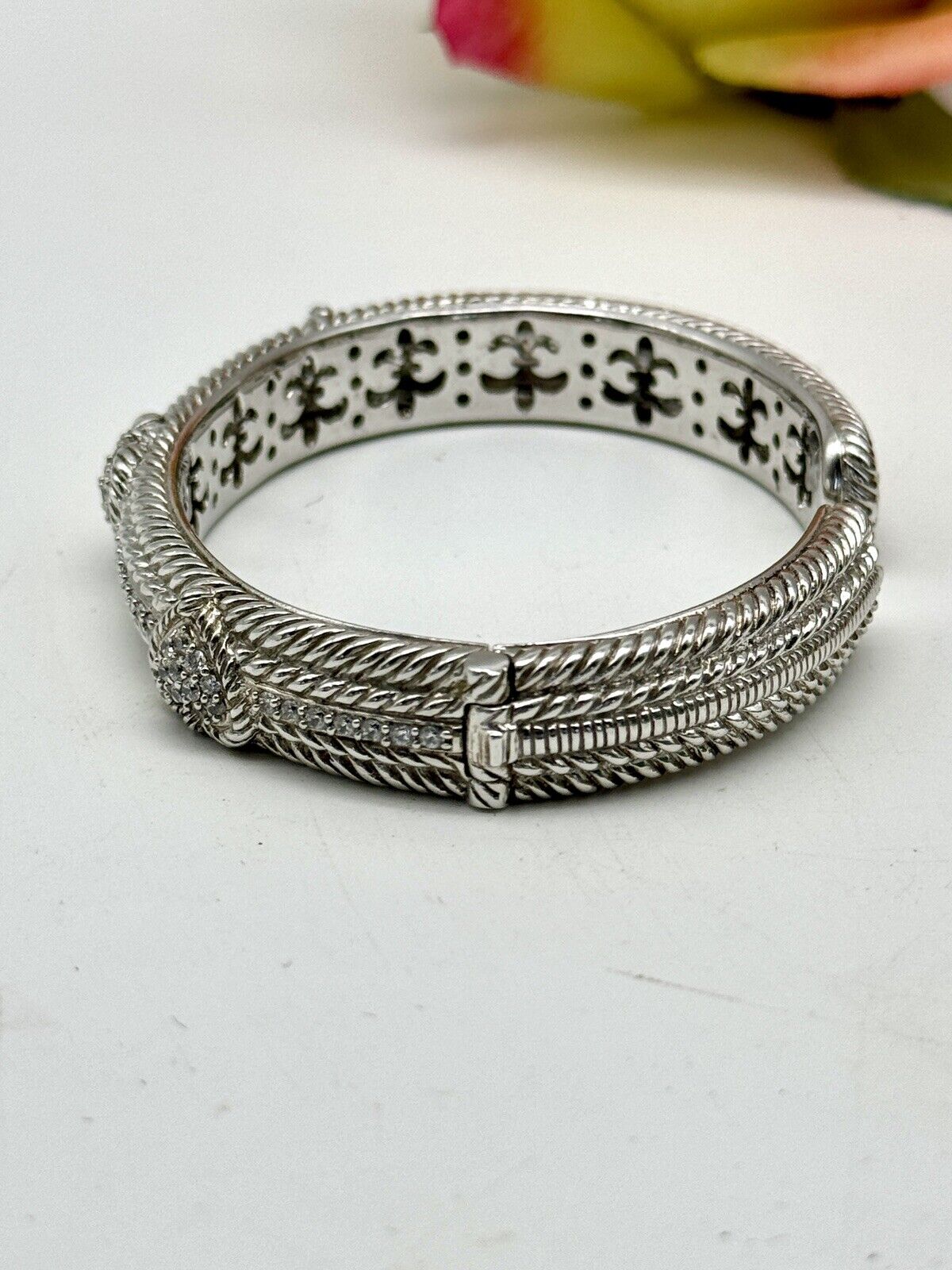 Judith Ripka Sterling Silver CZ Diamonique 3 Heart Hinged Cuff Bracelet 6 3/4”