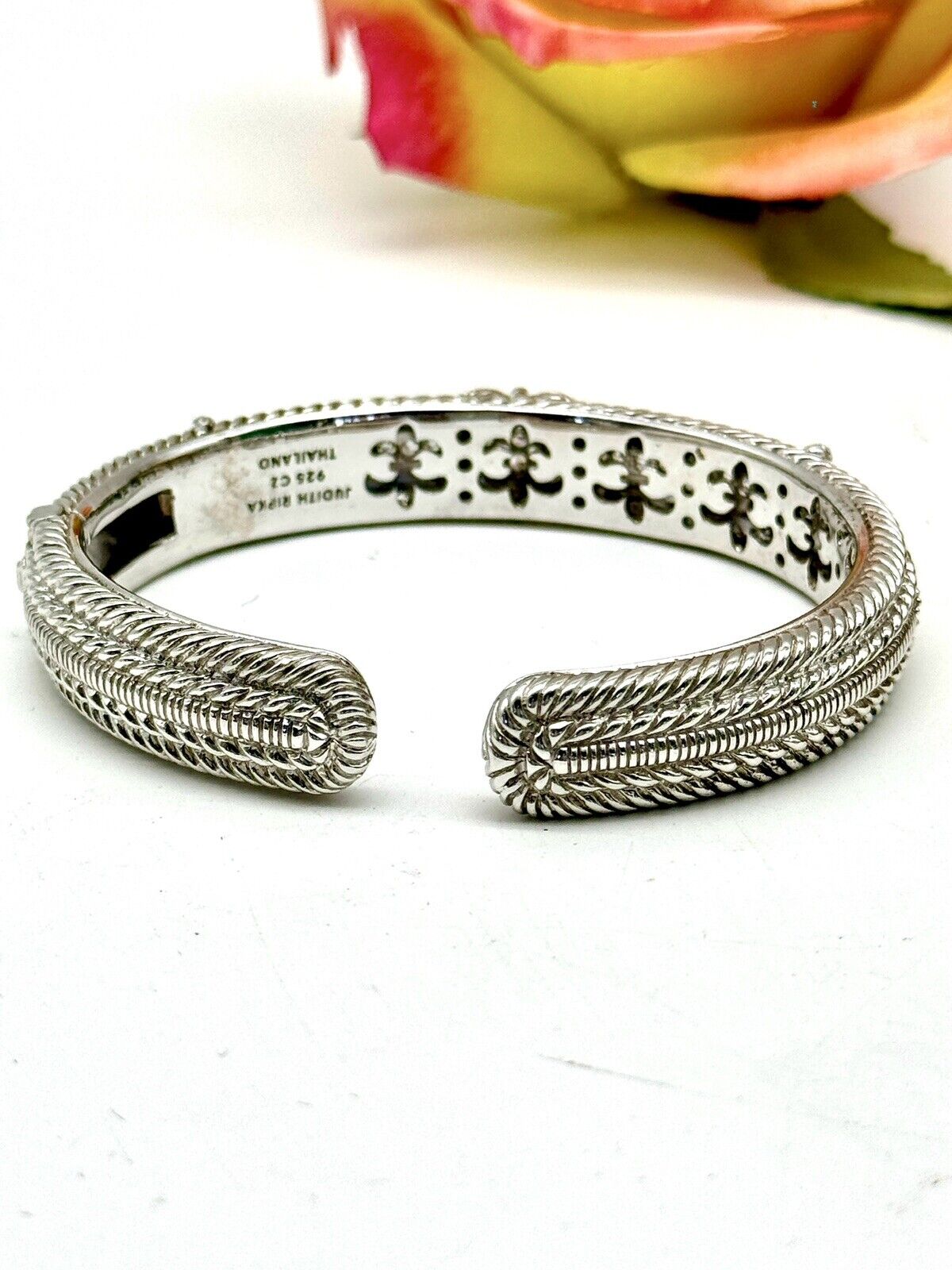 Judith Ripka Sterling Silver CZ Diamonique 3 Heart Hinged Cuff Bracelet 6 3/4”