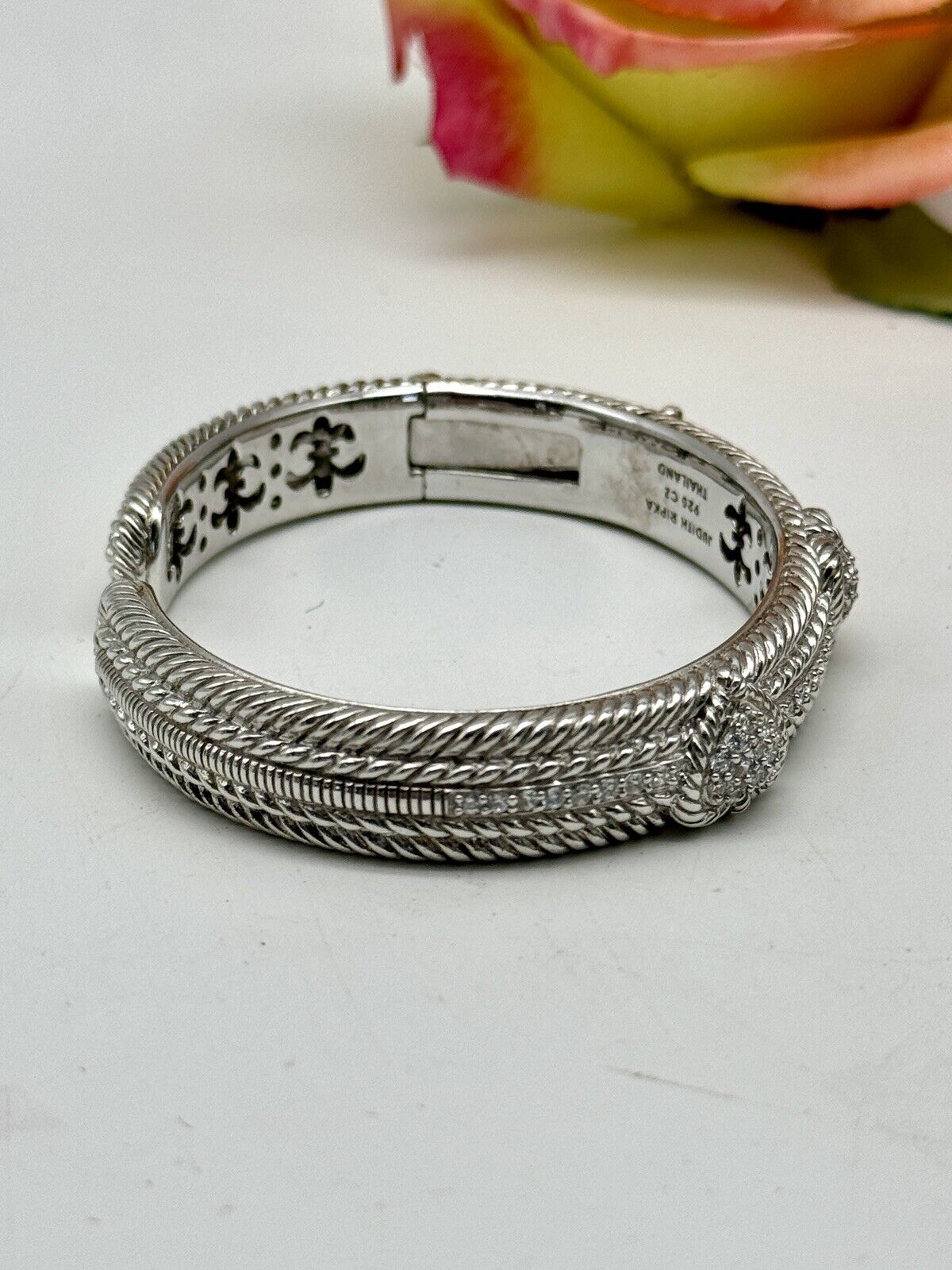 Judith Ripka Sterling Silver CZ Diamonique 3 Heart Hinged Cuff Bracelet 6 3/4”