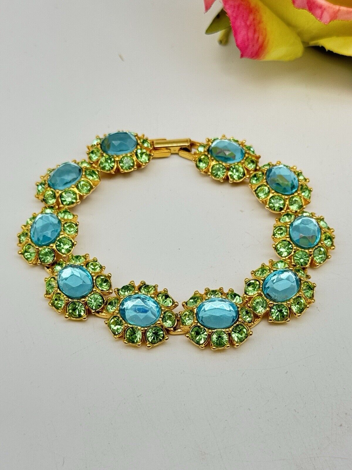 Vintage JOAN RIVERS Green Aqua Rhinestone Bracelet 7.5” ESTATE FIND
