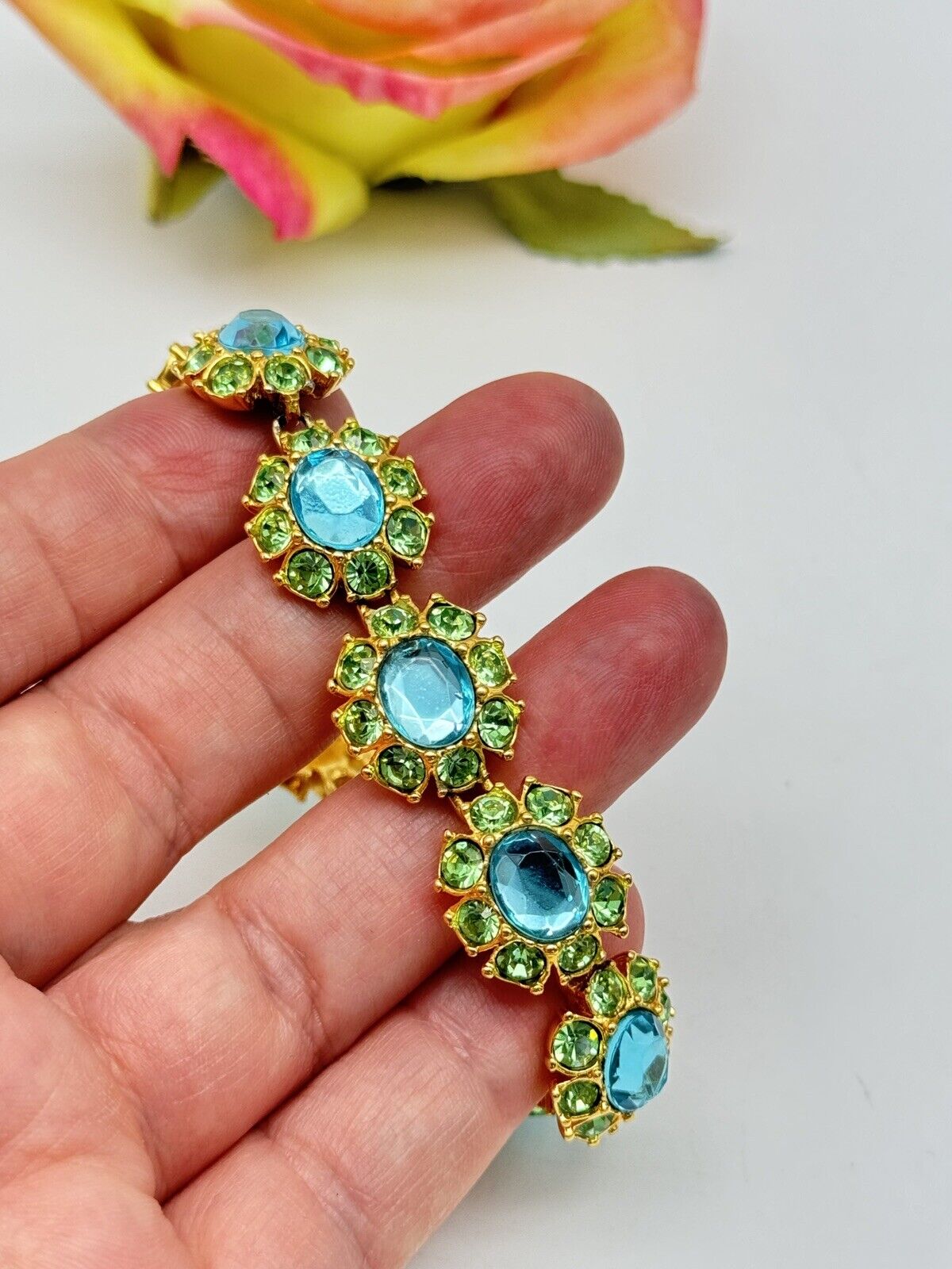 Vintage JOAN RIVERS Green Aqua Rhinestone Bracelet 7.5” ESTATE FIND