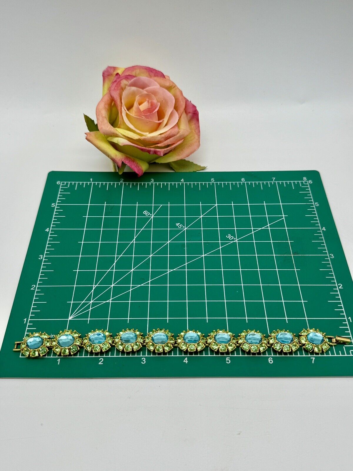Vintage JOAN RIVERS Green Aqua Rhinestone Bracelet 7.5” ESTATE FIND