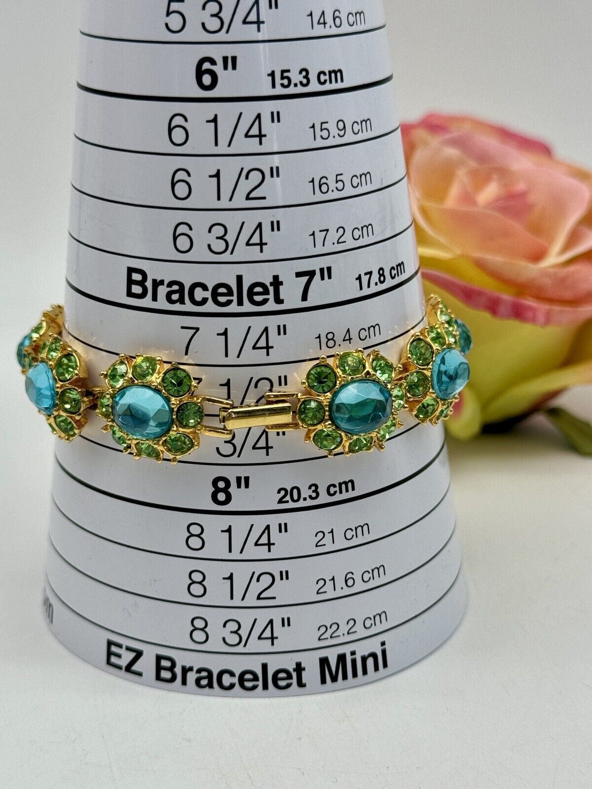 Vintage JOAN RIVERS Green Aqua Rhinestone Bracelet 7.5” ESTATE FIND