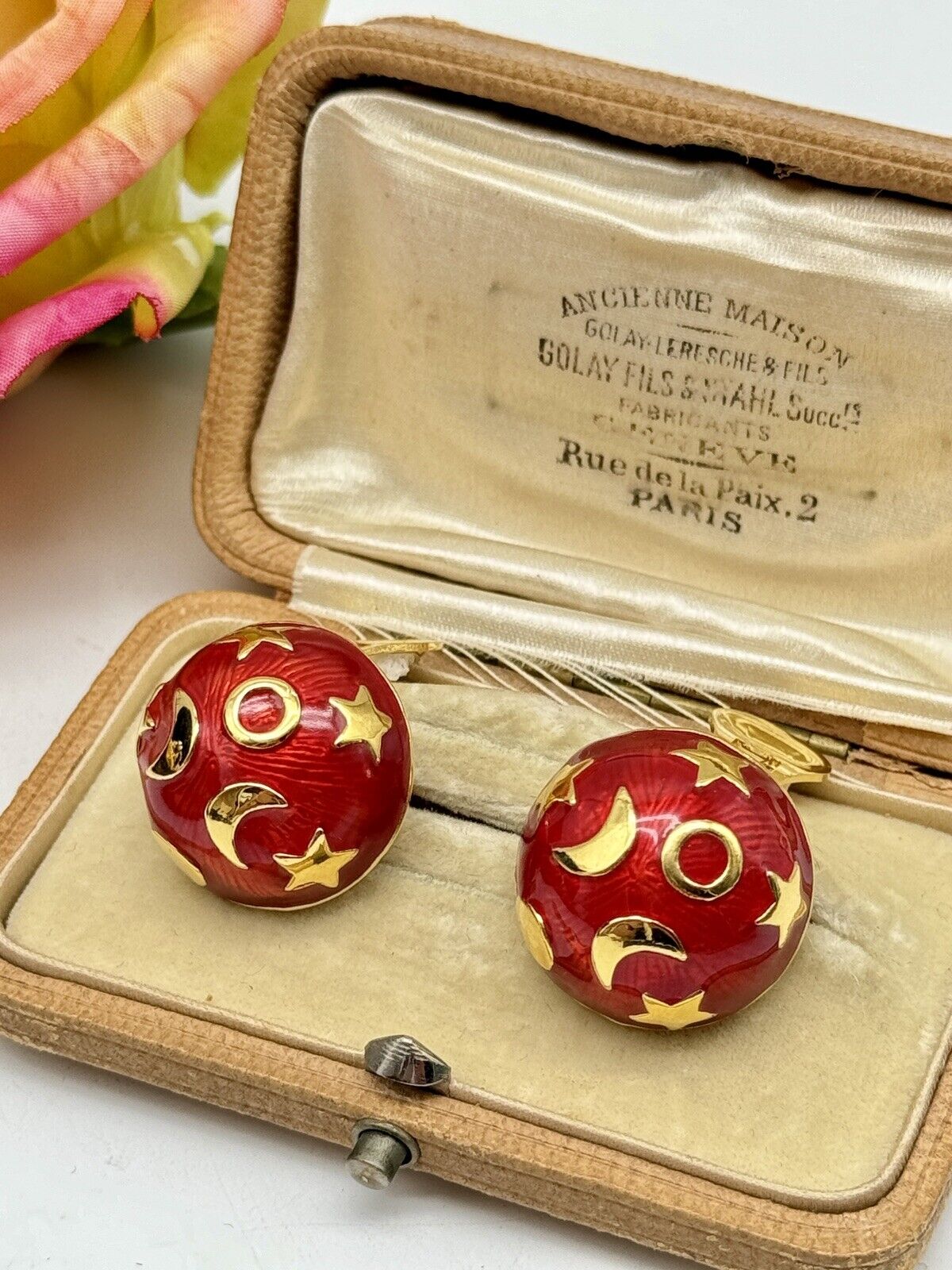 Kenneth Jay Lane Celestial Red Moon Stars Earrings ESTATE FIND