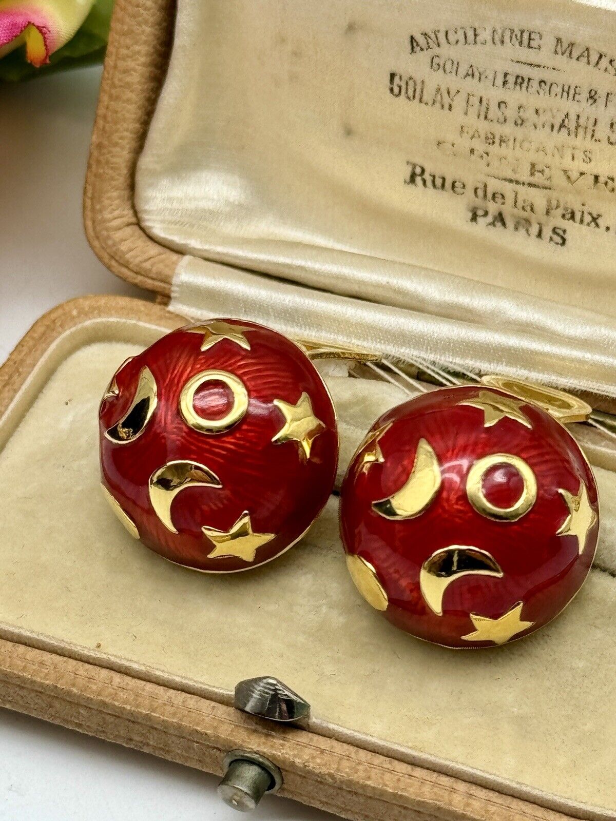 Kenneth Jay Lane Celestial Red Moon Stars Earrings ESTATE FIND