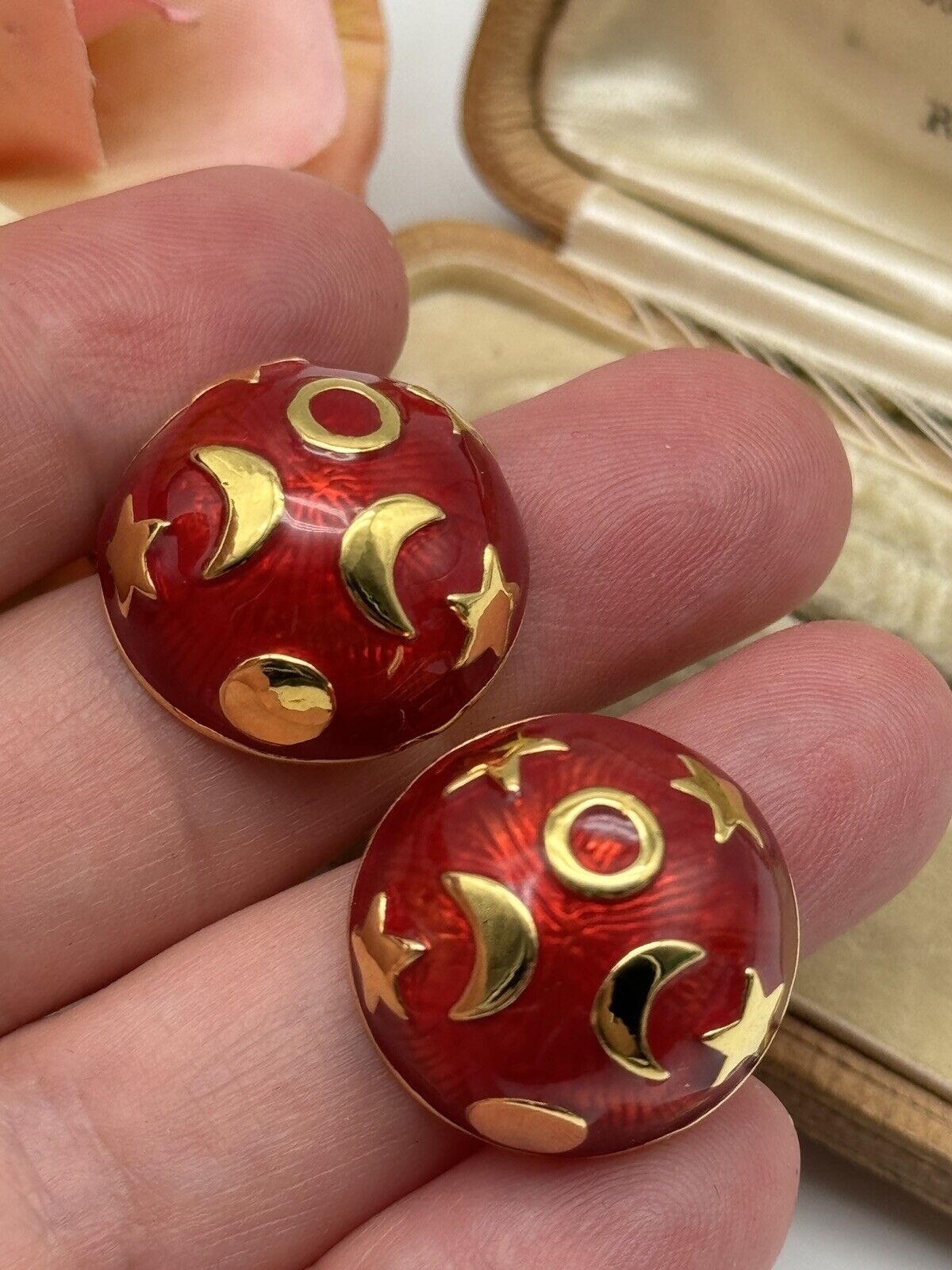 Kenneth Jay Lane Celestial Red Moon Stars Earrings ESTATE FIND